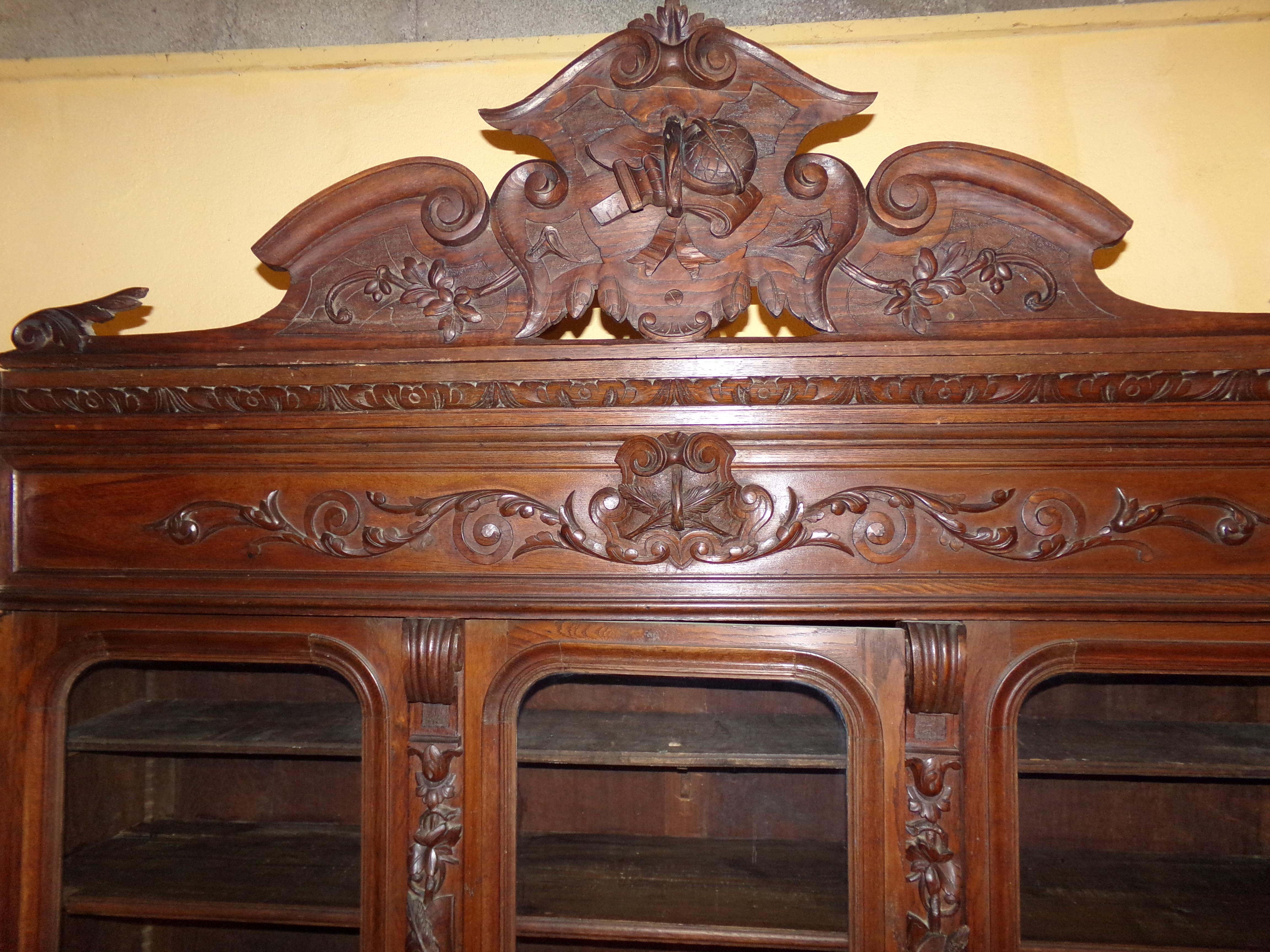 French Carved Oak Three Door Bookcase circa 1870 Louis XIII Style For Sale