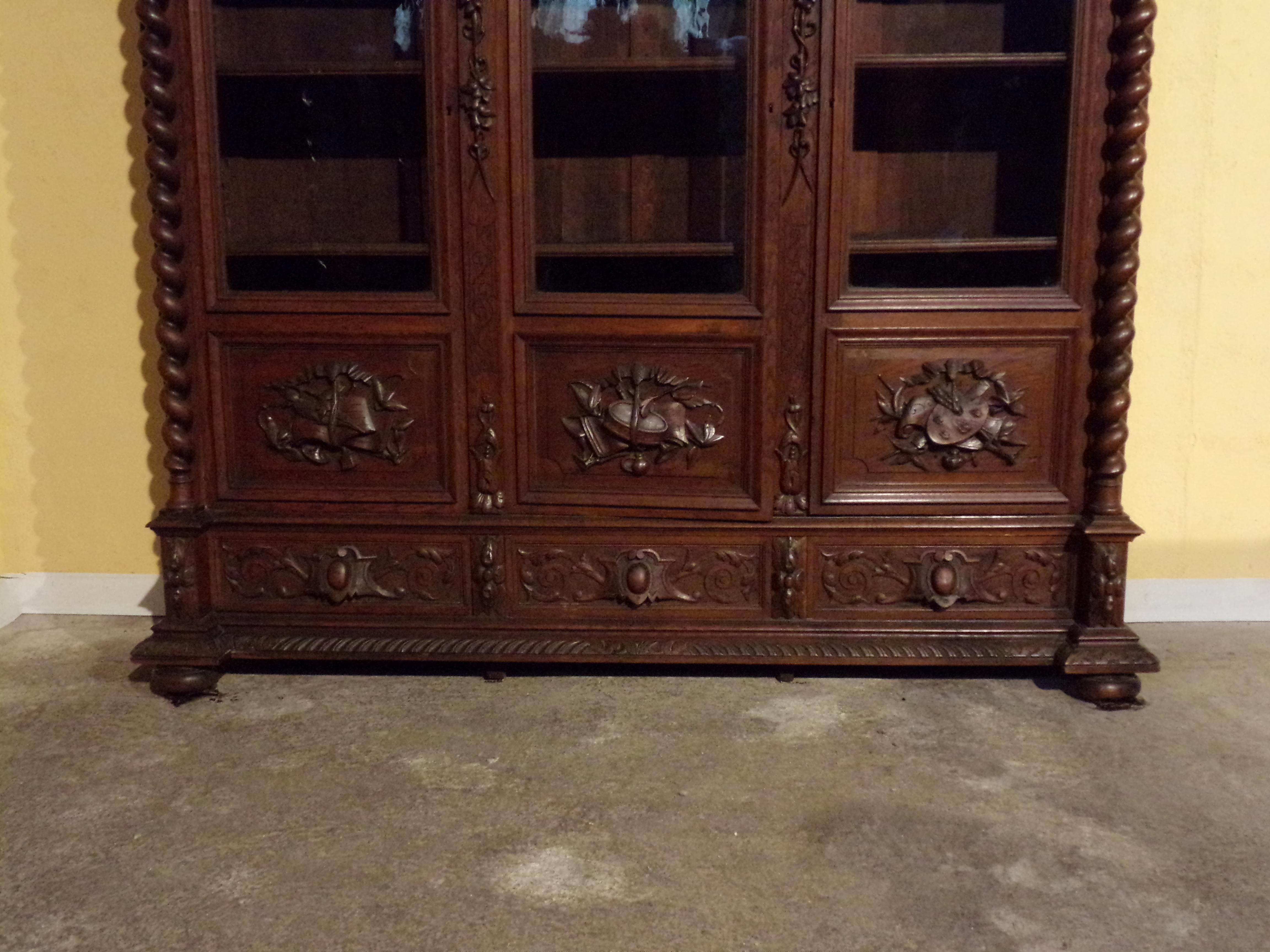 Late 19th Century Carved Oak Three Door Bookcase circa 1870 Louis XIII Style For Sale