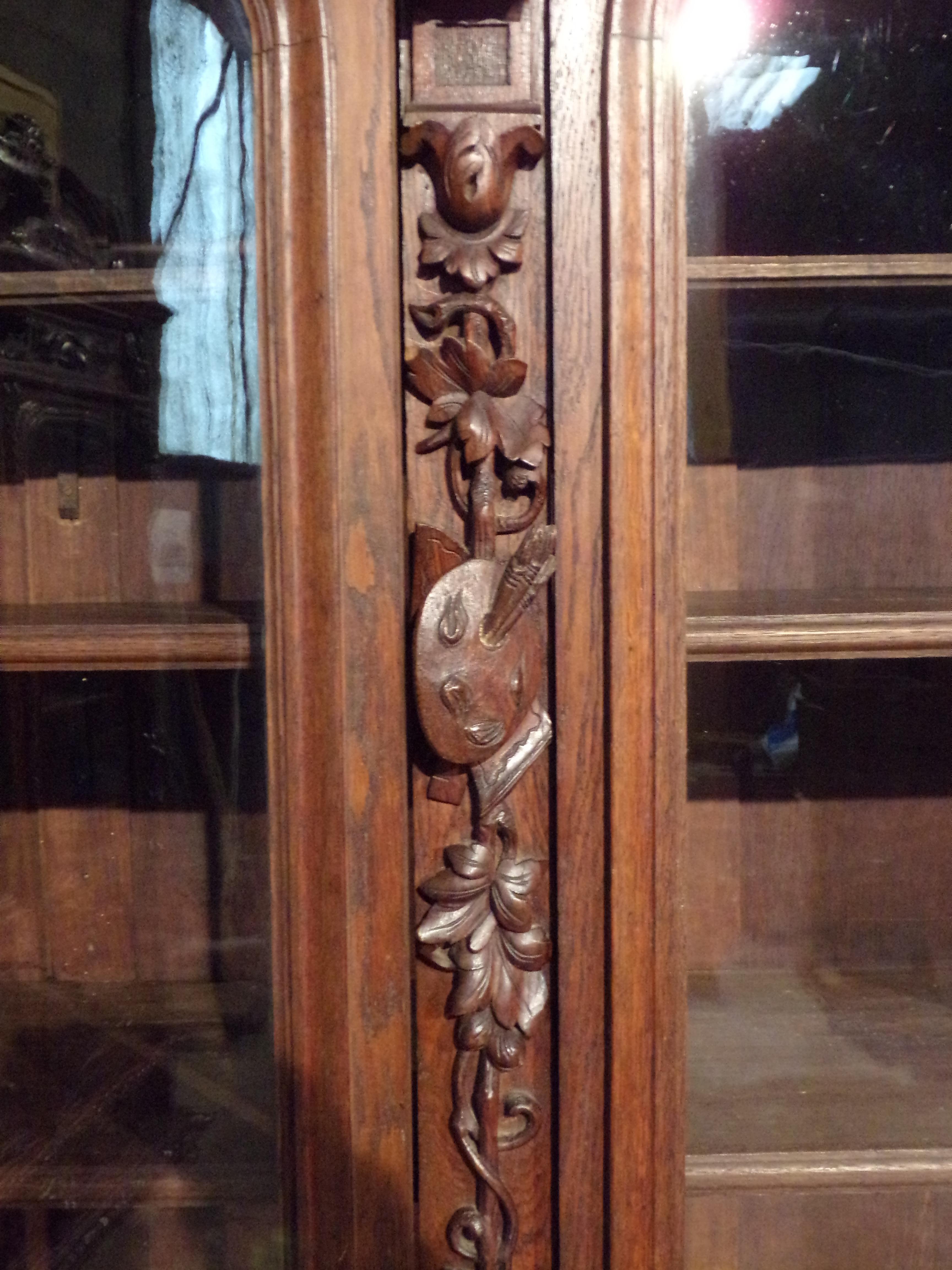 Carved Oak Three Door Bookcase circa 1870 Louis XIII Style For Sale 1