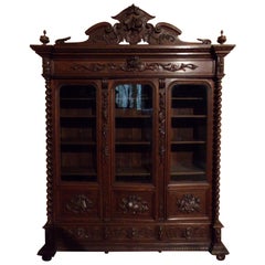 Carved Oak Three Door Bookcase circa 1870 Louis XIII Style