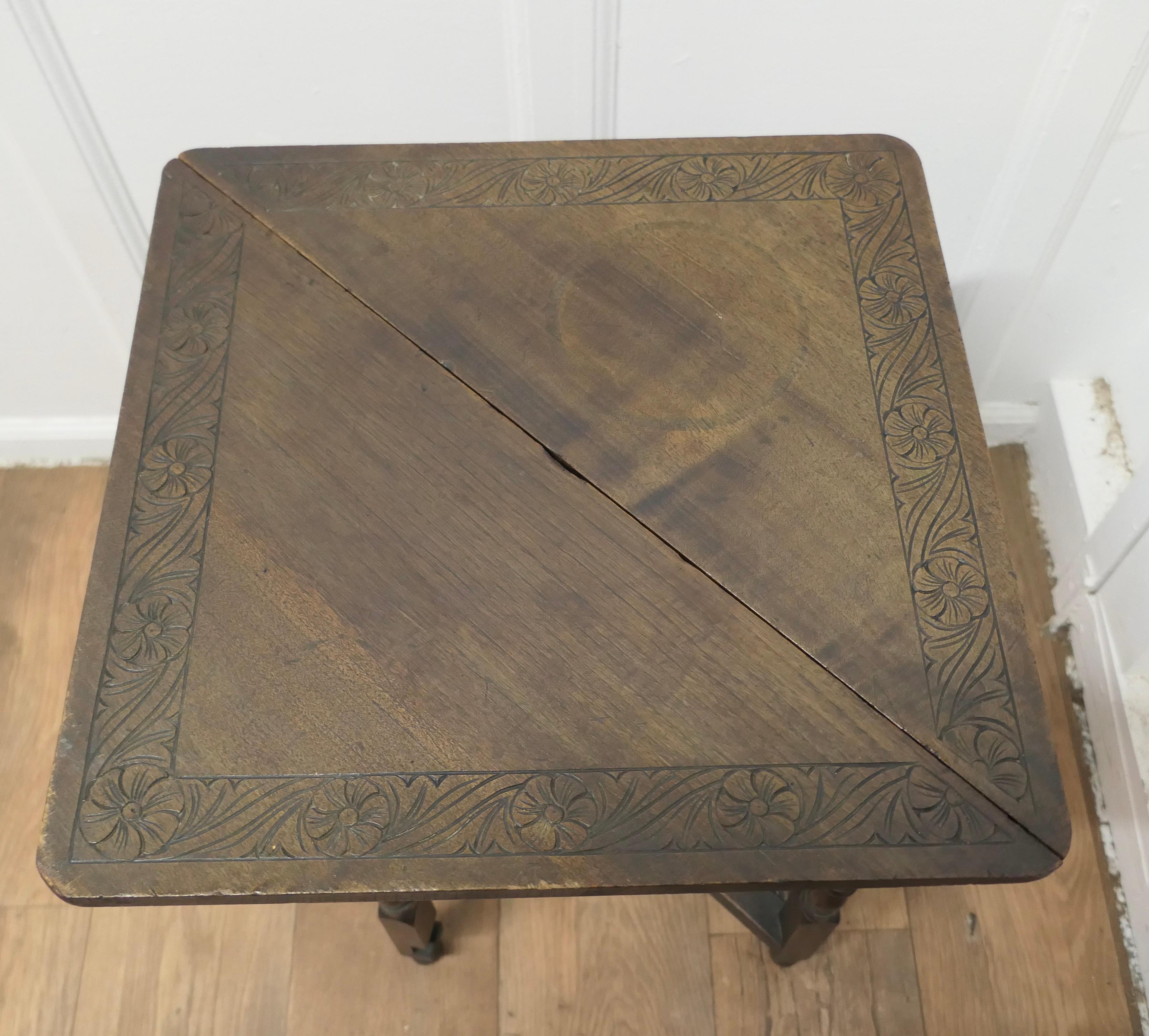 Carved Oak Triangular Gate Leg Side Table    For Sale 2