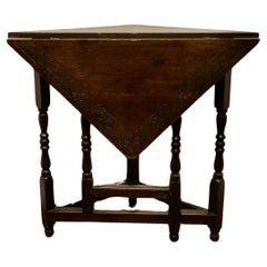 Antique Carved Oak Triangular Gate Leg Side Table   
