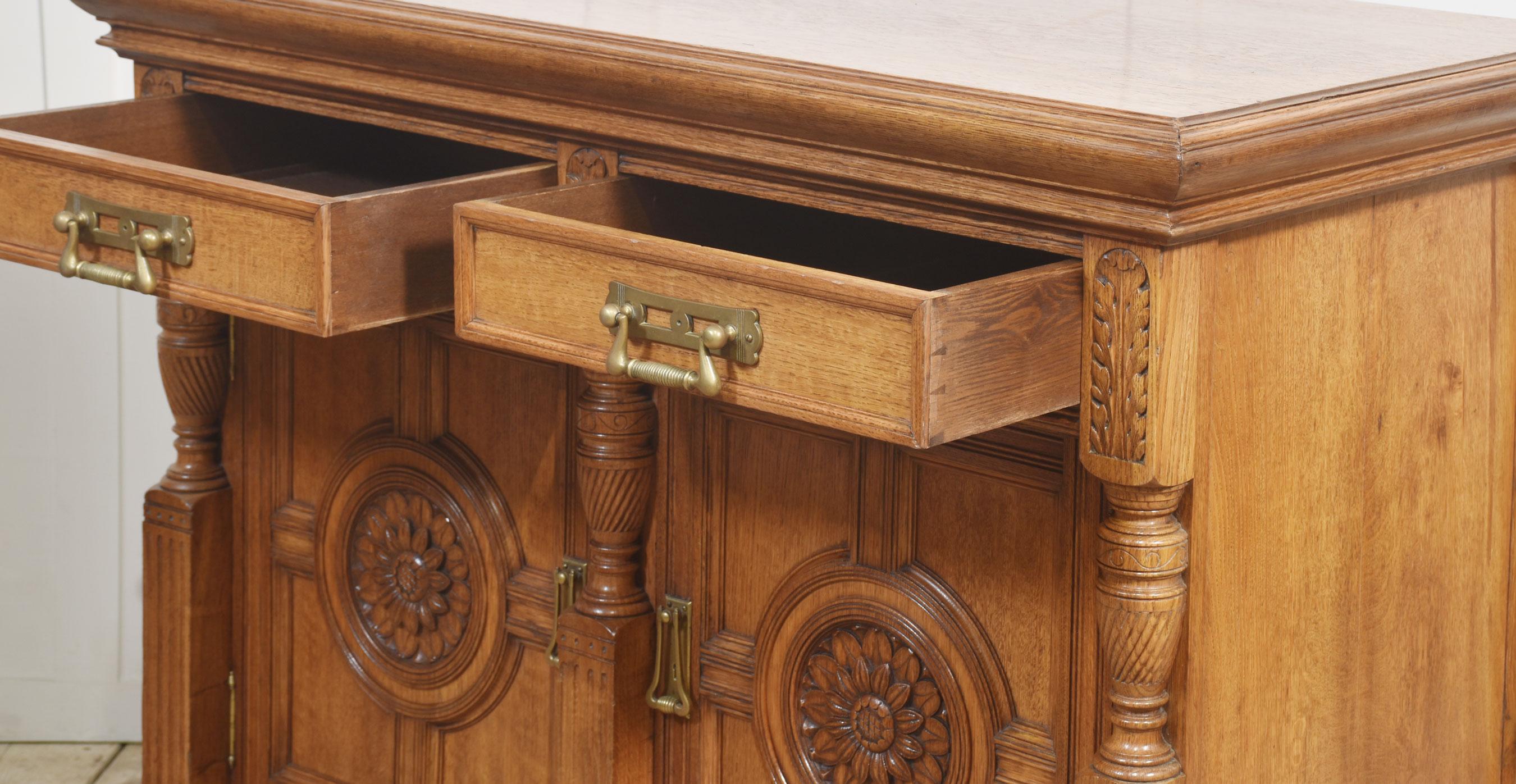 Carved oak two door sideboard by Maple and Co For Sale 11