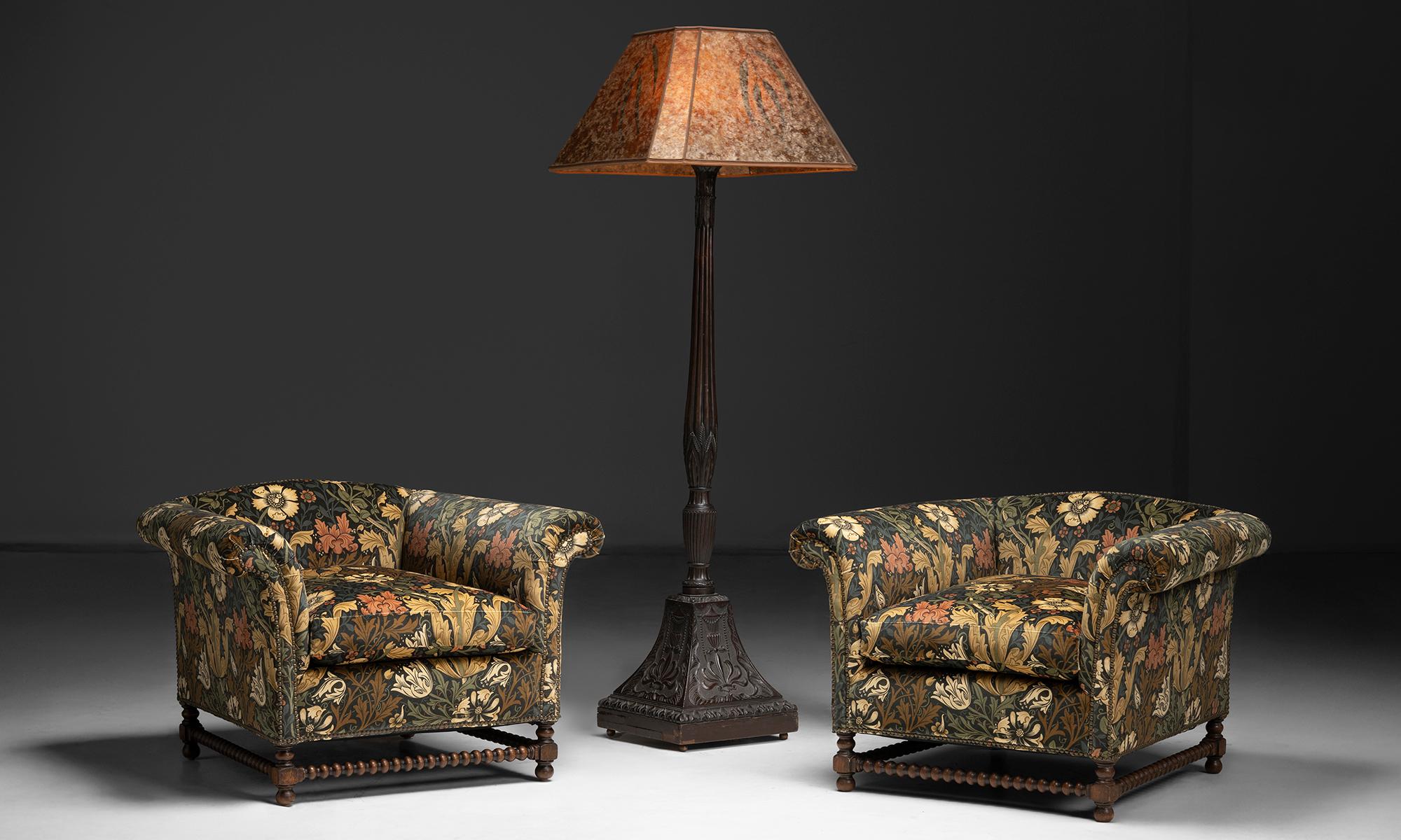 French Carved Oak & Vellum Floor Lamp, France circa 1920 For Sale