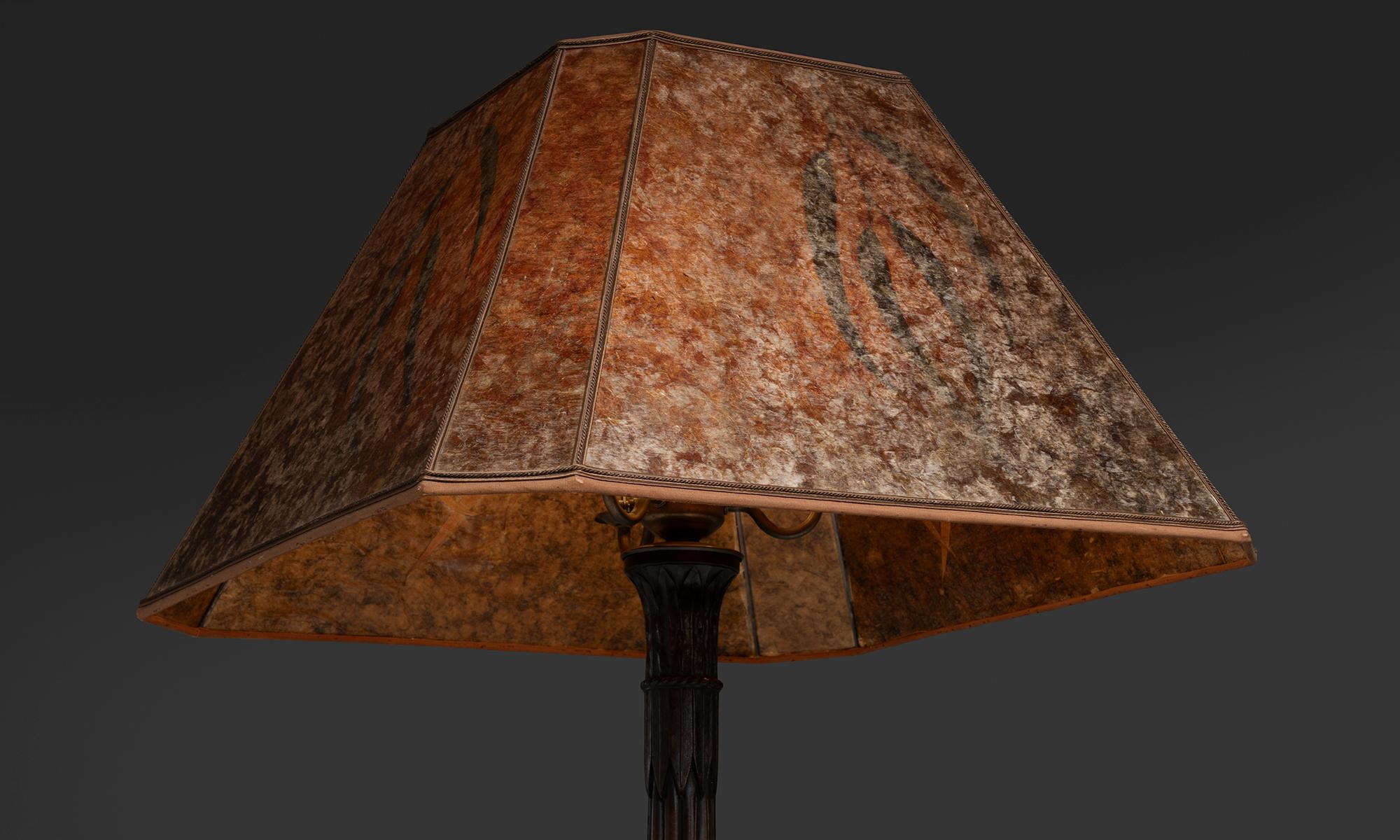 Carved Oak & Vellum Floor Lamp, France circa 1920 In Good Condition For Sale In Culver City, CA