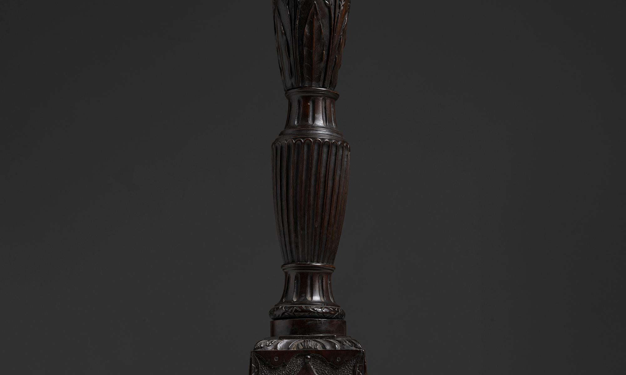 Early 20th Century Carved Oak & Vellum Floor Lamp, France circa 1920 For Sale