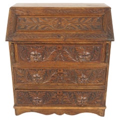 Carved Oak Victorian Green Man Fall Front Desk Bureau, Scotland 1880, H1170