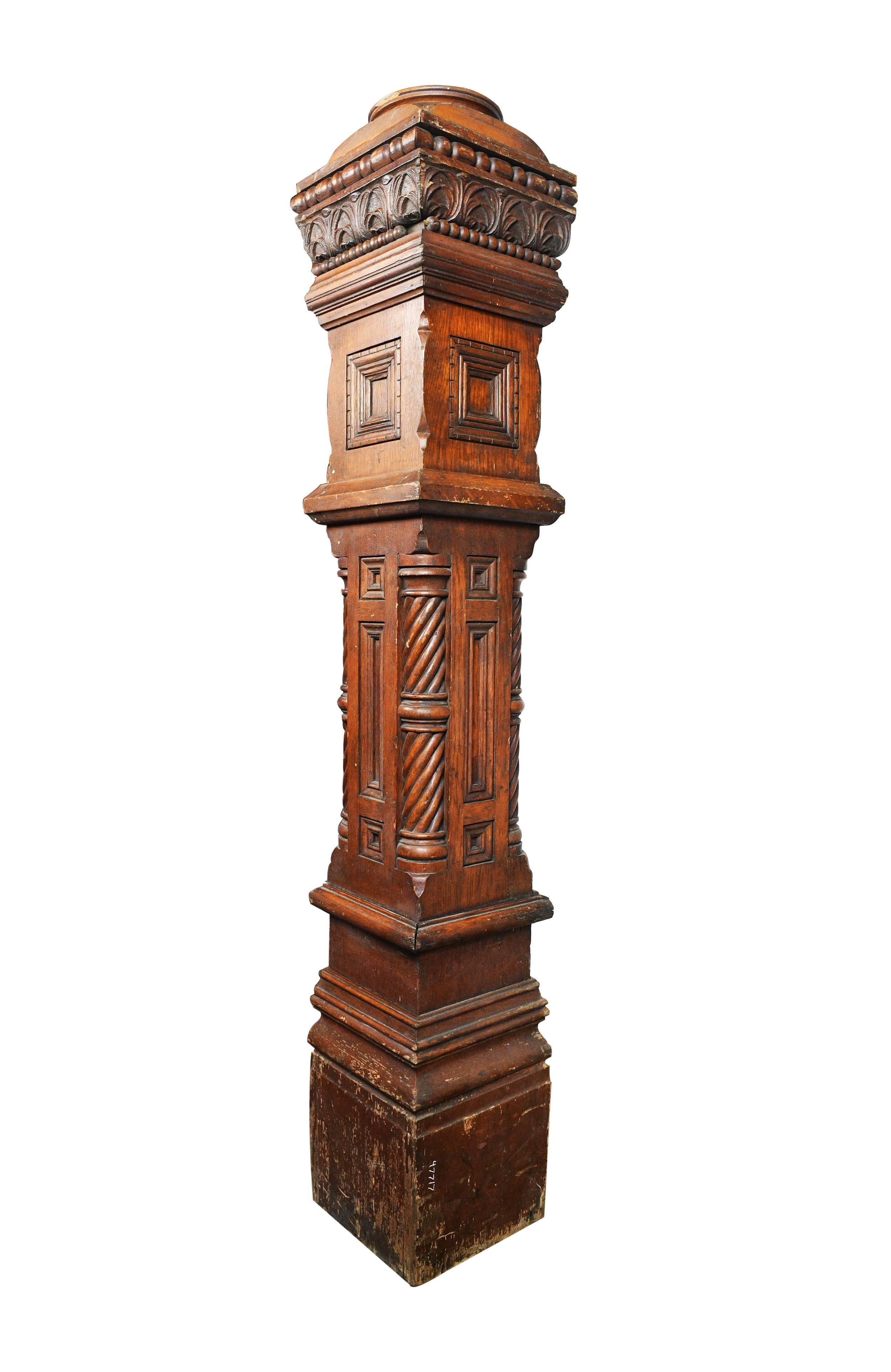 A beautiful Victorian style newel post. Like many Victorian style wood work pieces, it has a very decorative design. The post is hand-carved and the details are stunning. It includes floral elements and geometric shapes, which add both depth and