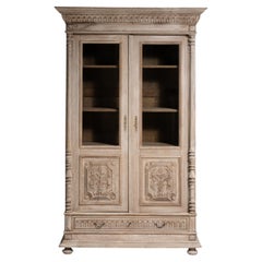 Vetrina da esposizione antica francese in rovere intagliato, 1880 circa