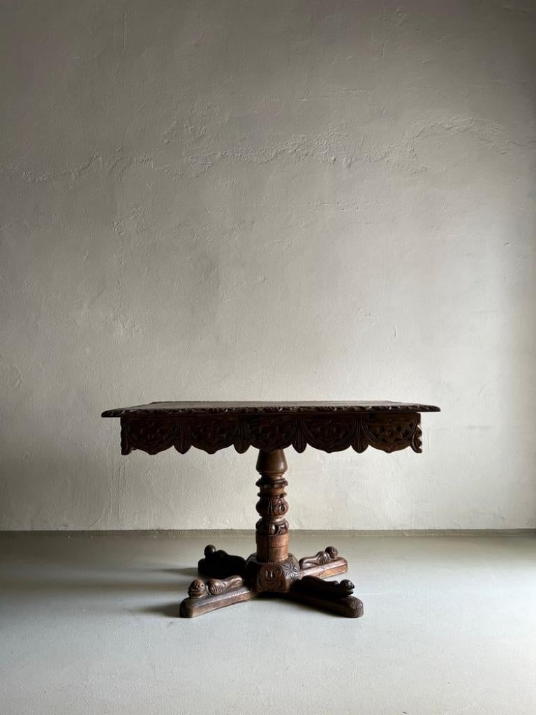 Country Carved Oak Wood Side Table Belgium, 1800s For Sale