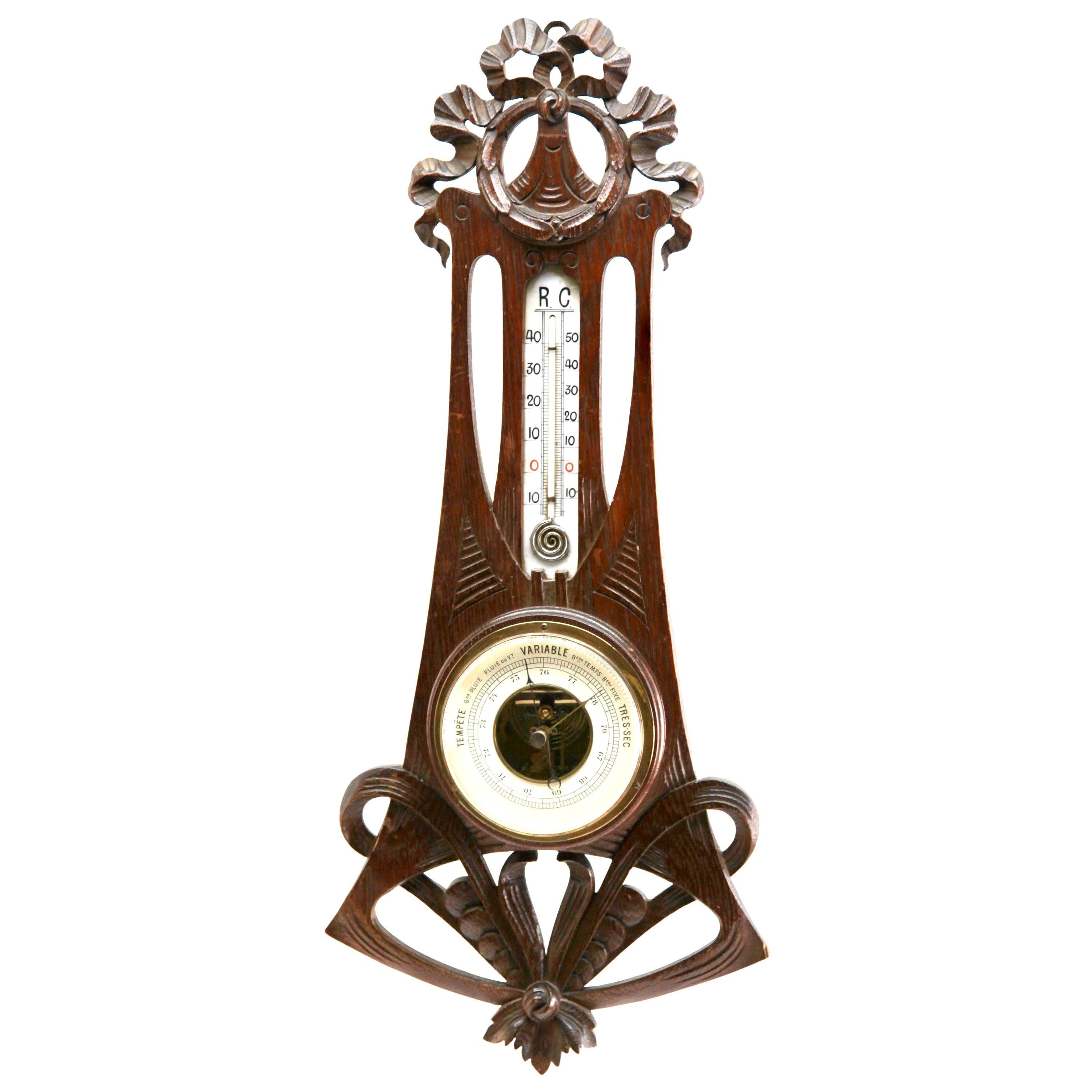 Carved Oakwood Antique French Barometer with Thermometer, 1910s