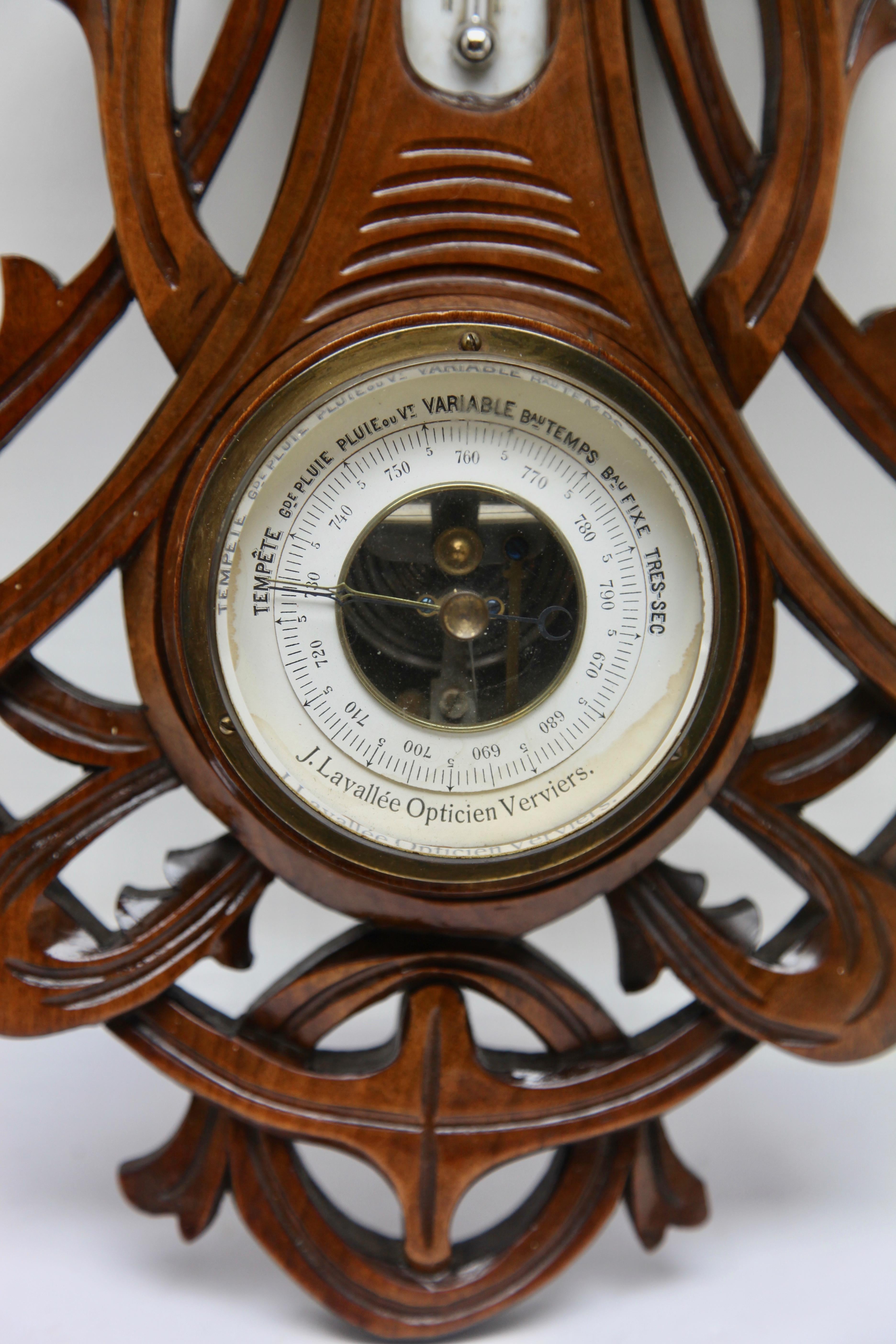 Carved oakwood antique French barometer with thermometer by the firme De Lambert, 1910s
Made in Belgium by A. de Lambert. High quality mechanism with jeweled movement barometer and thermometer (in centigrade)
Unusual antique carved oak barometer