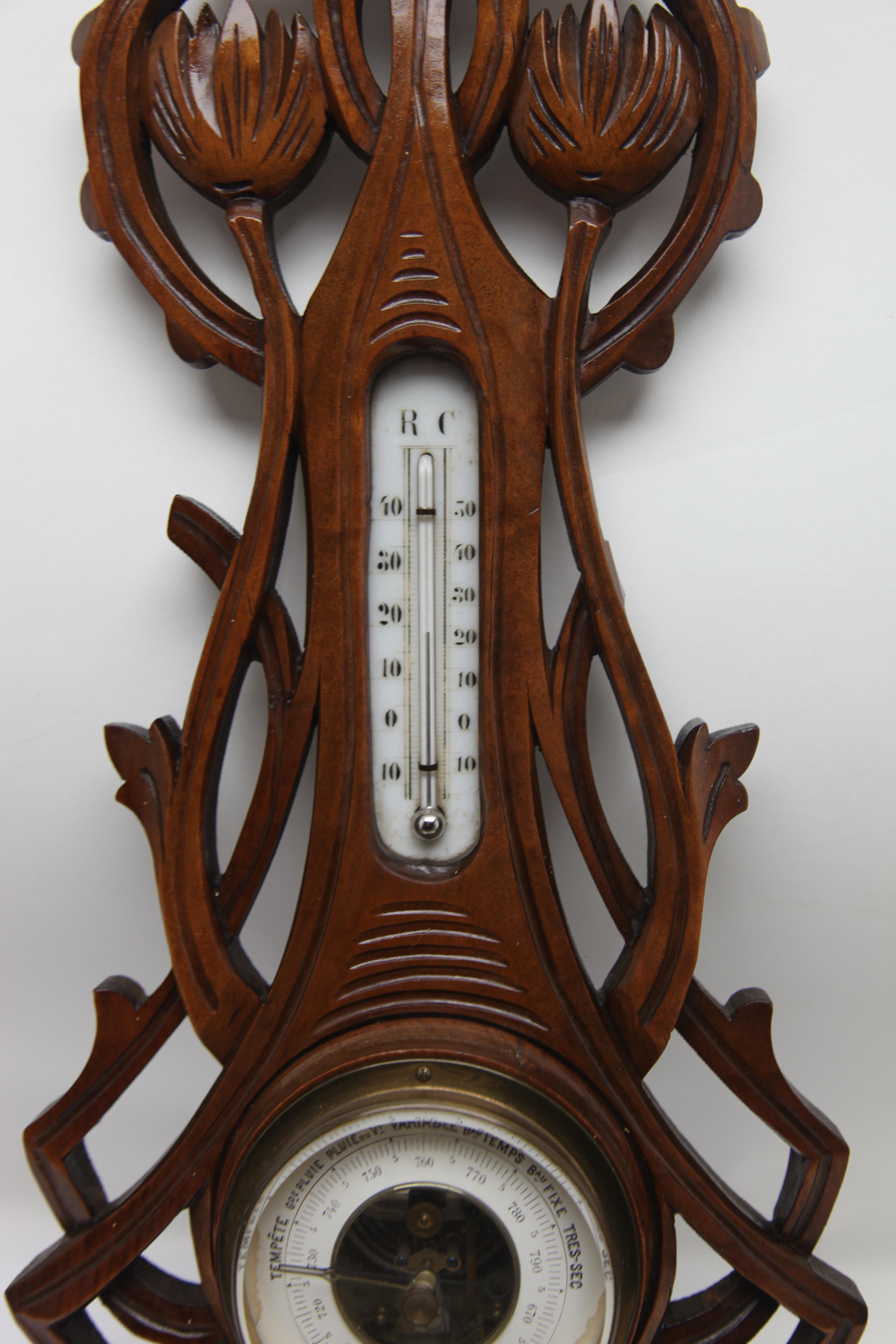 Art Nouveau Carved Oakwood Antique French Barometer with Thermometer, by De Lambert, 1910s