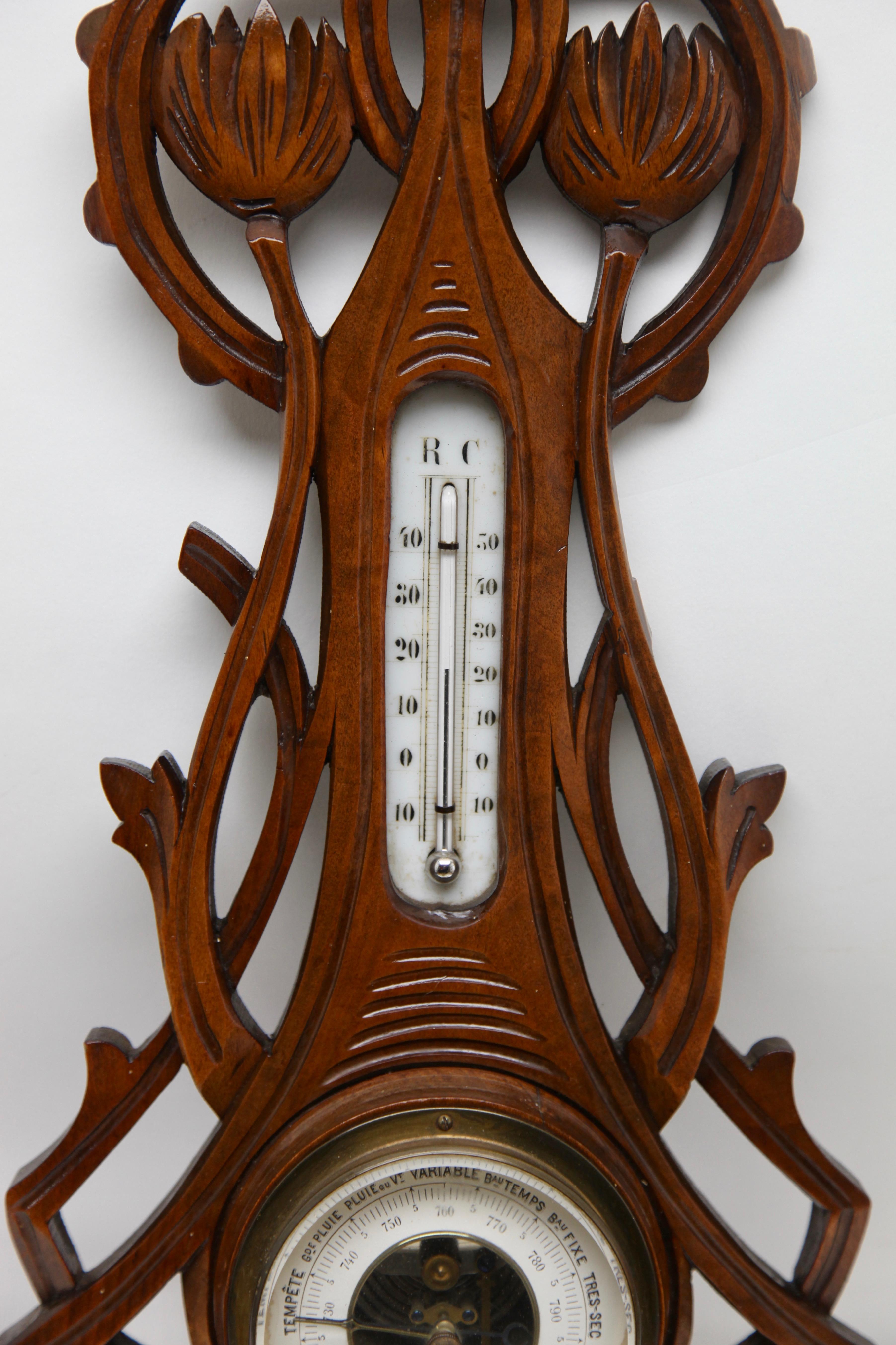 Belgian Carved Oakwood Antique French Barometer with Thermometer, by De Lambert, 1910s