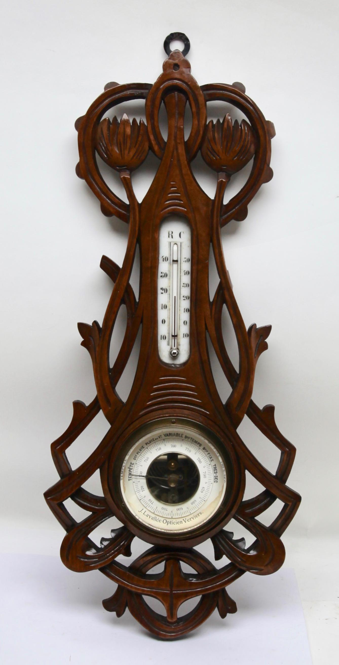 Hand-Carved Carved Oakwood Antique French Barometer with Thermometer, by De Lambert, 1910s