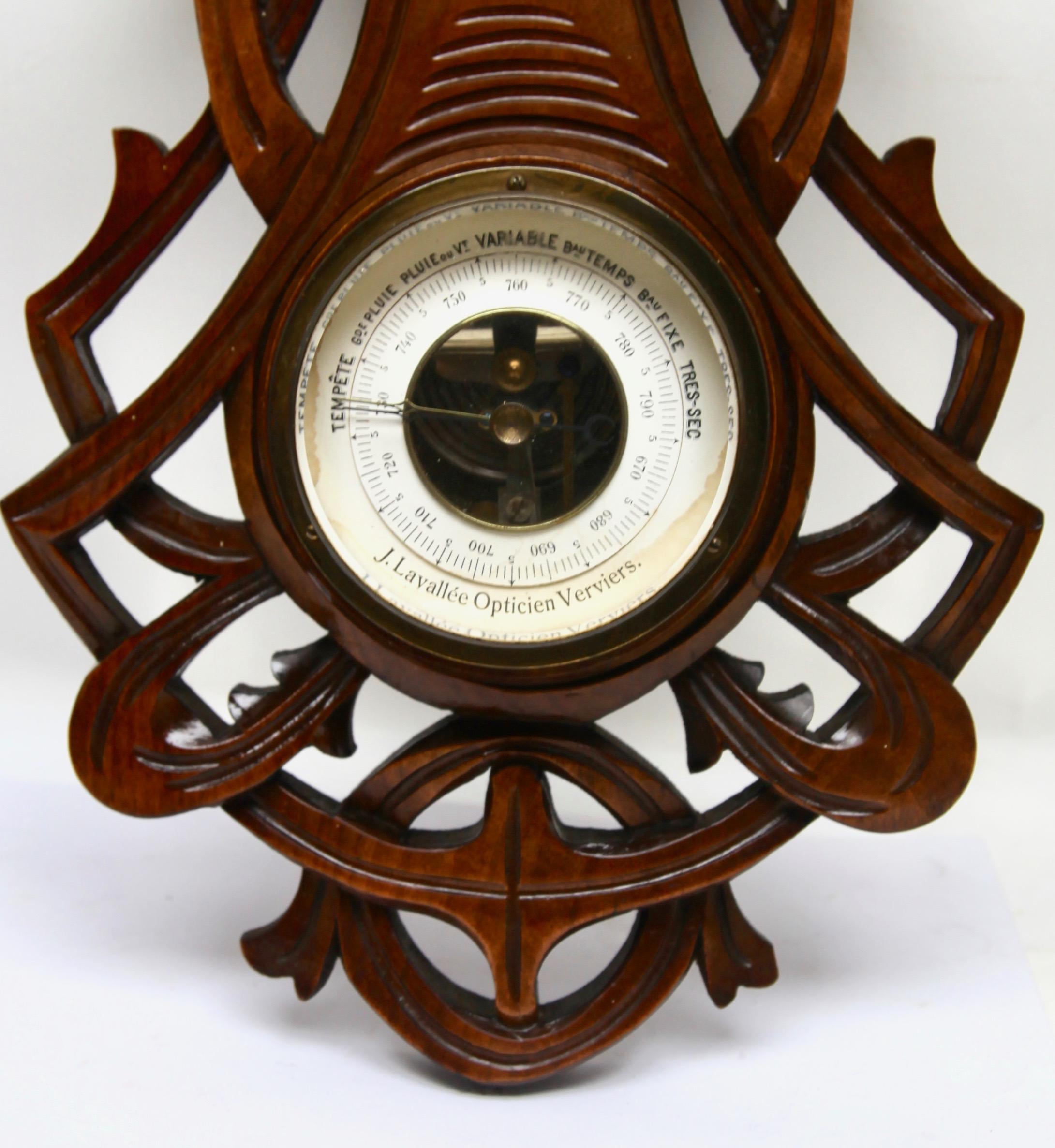 Early 20th Century Carved Oakwood Antique French Barometer with Thermometer, by De Lambert, 1910s