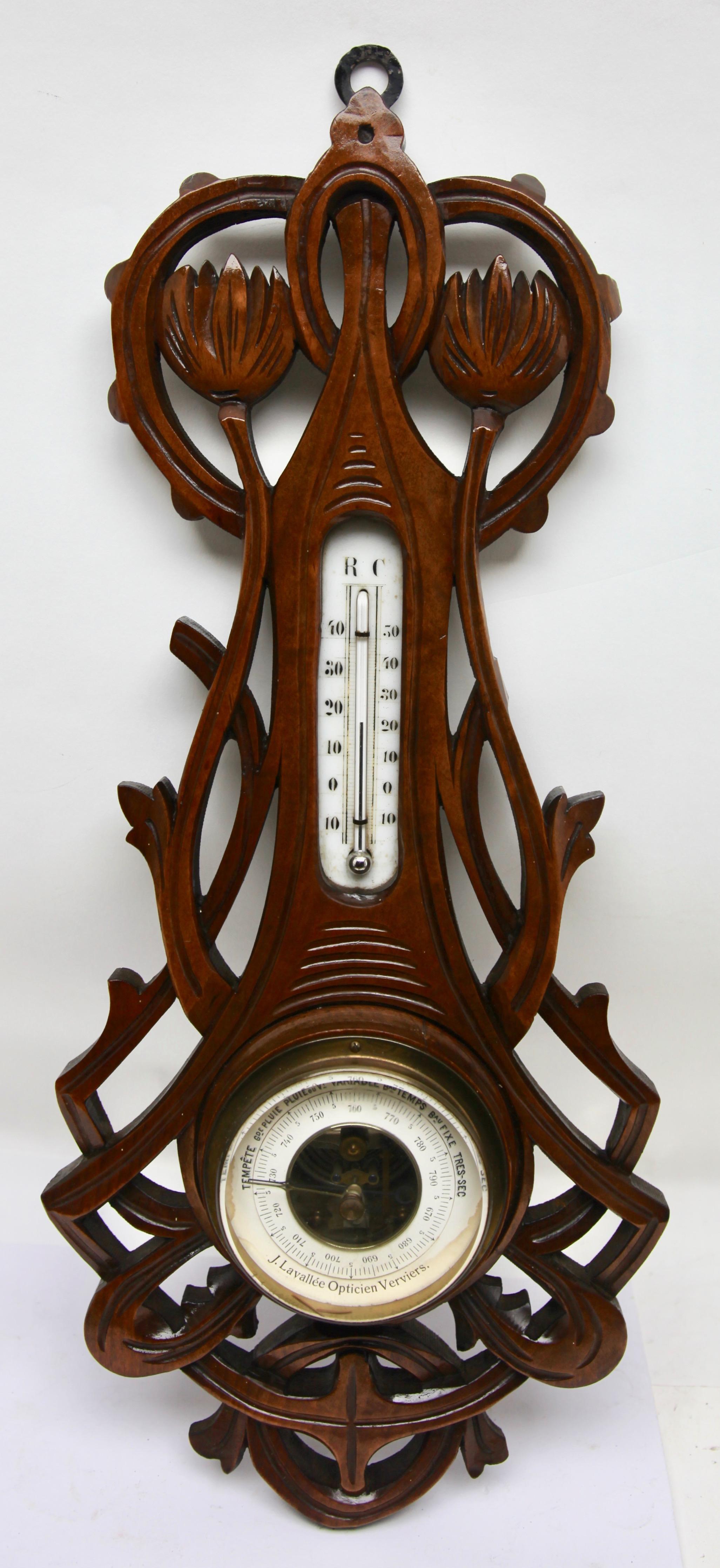 Carved Oakwood Antique French Barometer with Thermometer, by De Lambert, 1910s 1