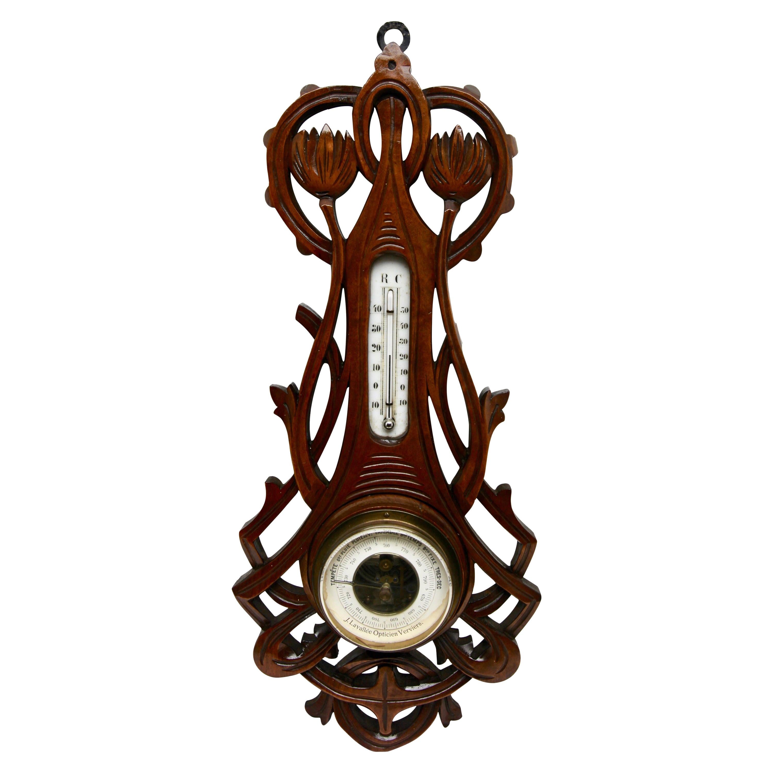 Carved Oakwood Antique French Barometer with Thermometer, by De Lambert, 1910s