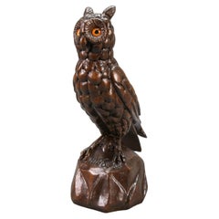 Vintage Carved Oakwood Owl Sculpture with Glass Eyes, Germany, 1938