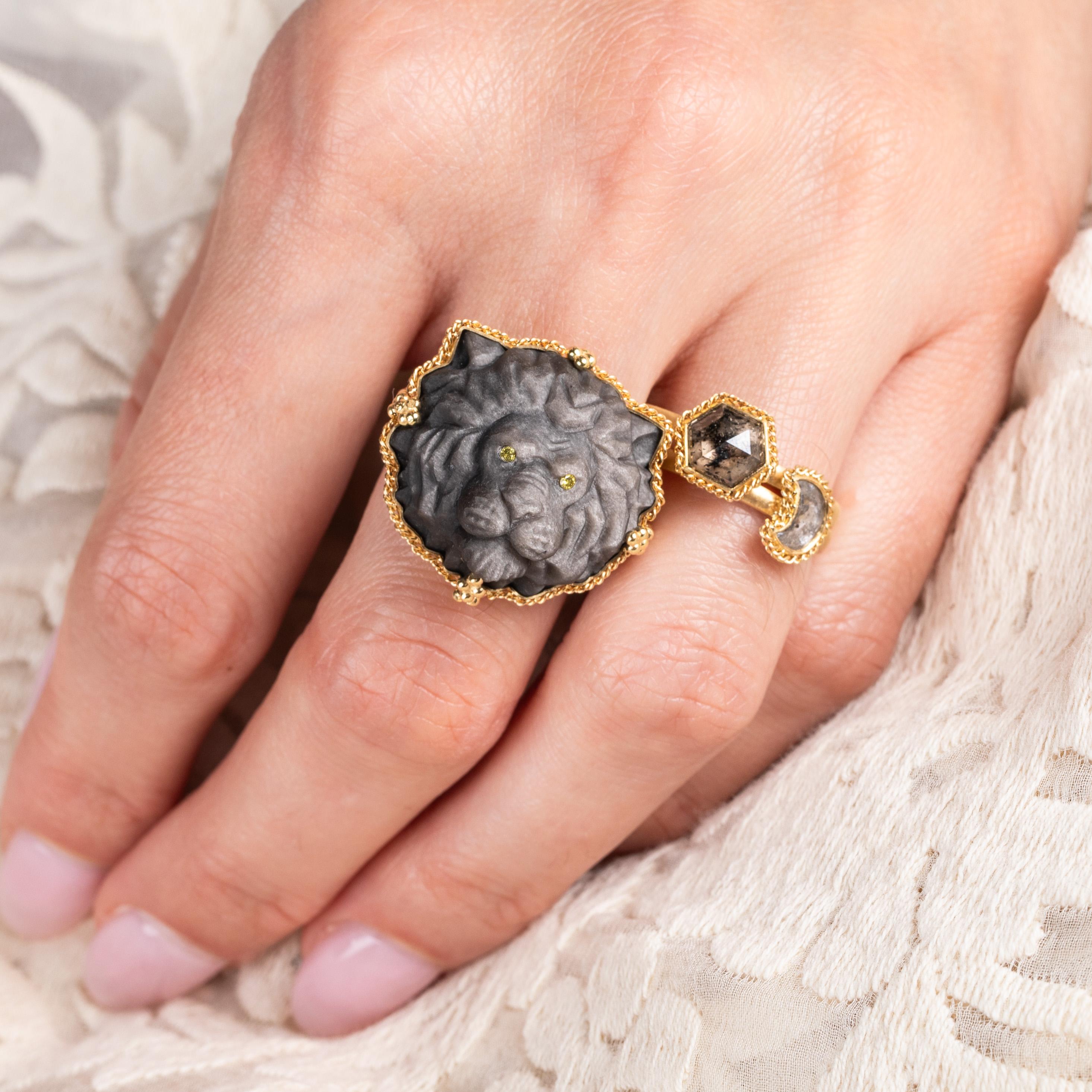Women's or Men's Carved Obsidian Lion Ring For Sale