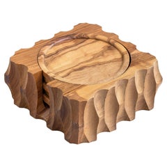 Carved Olive Wood Coaster Set, Modernist Design, France 1970s