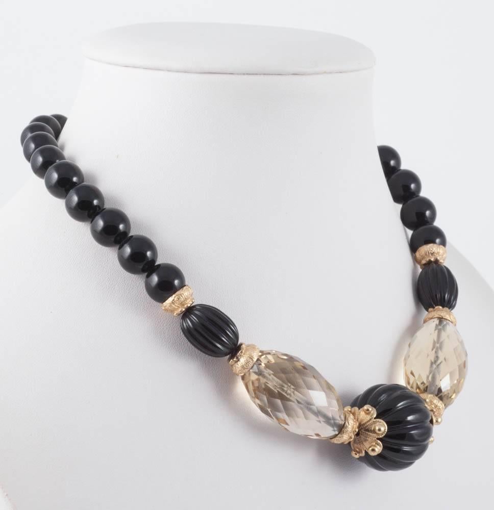 Women's  Carved onyx and citrine beaded necklace with silver gilt clasp and beads, 1980s