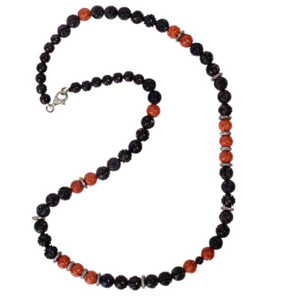 Mixed Cut Carved Onyx, and Jasper Beaded Necklace with Diamonds Made in Silver For Sale