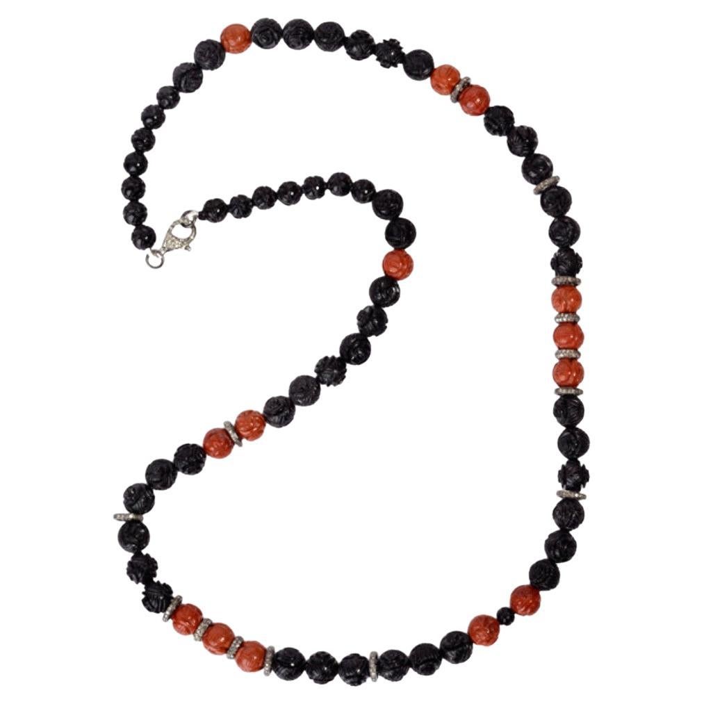 Carved Onyx, and Jasper Beaded Necklace with Diamonds Made in Silver For Sale