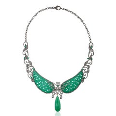 Carved Onyx Necklace With Multi Gemstone & Butterfly Center In Pave Diamonds