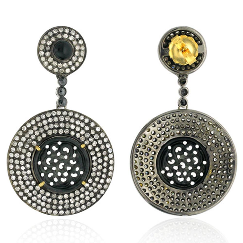 Art Deco Carved Black Jade Double Circle Pave Diamonds Earrings In 18k Gold & Silver For Sale