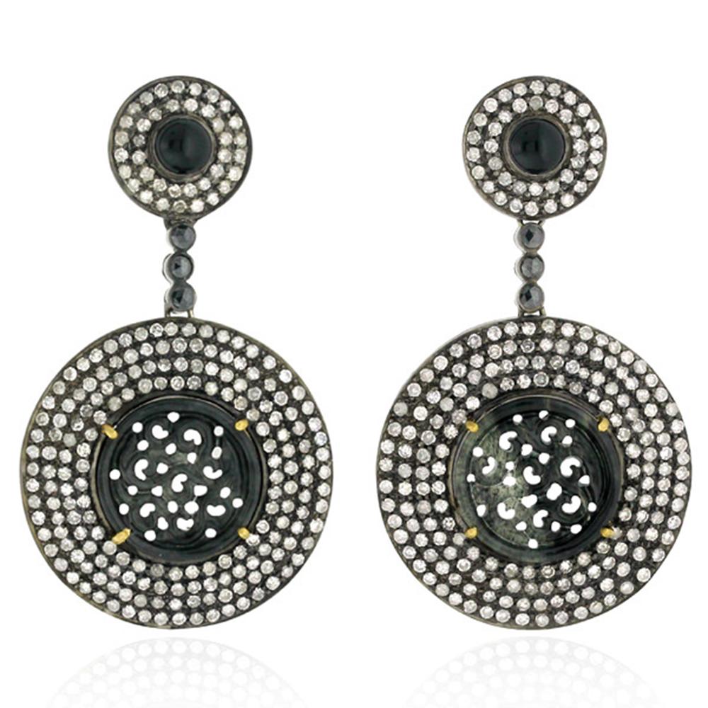 Round Cut Carved Black Jade Double Circle Pave Diamonds Earrings In 18k Gold & Silver For Sale
