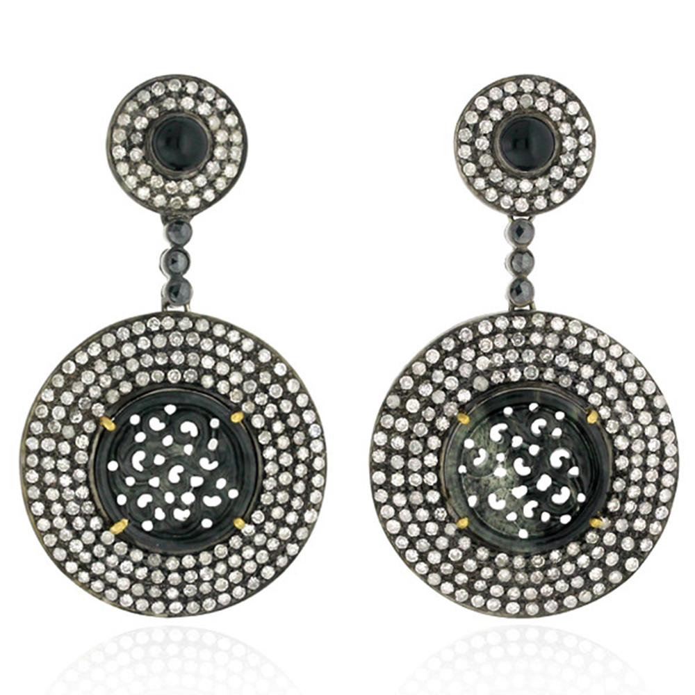 Carved Black Jade Double Circle Pave Diamonds Earrings In 18k Gold & Silver In New Condition For Sale In New York, NY