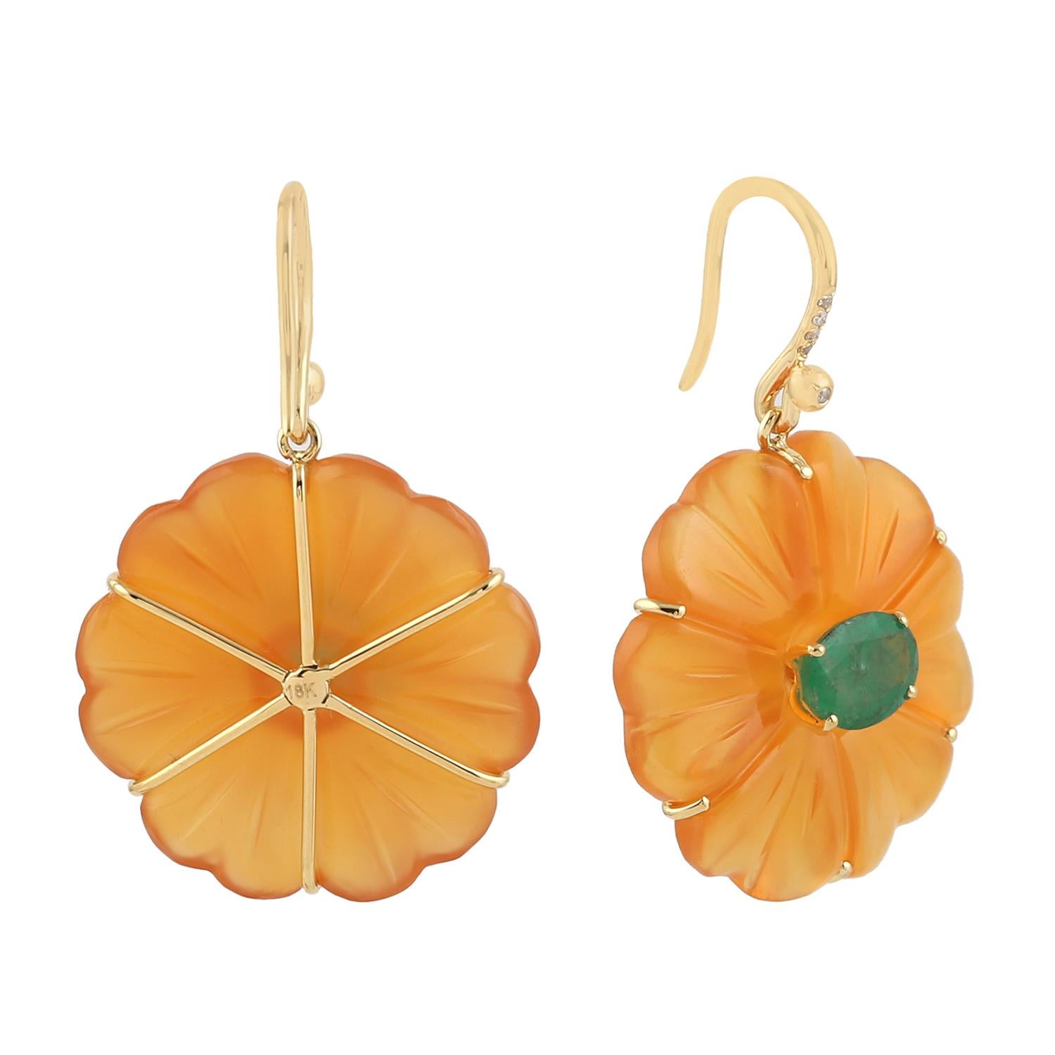 Cast in 18-karat gold. These beautiful earrings are set with 33.78 carats of carved onyx, 2.31 carats emerald and .05 carats of sparkling diamonds.  See other flower collection pieces.

FOLLOW  MEGHNA JEWELS storefront to view the latest collection