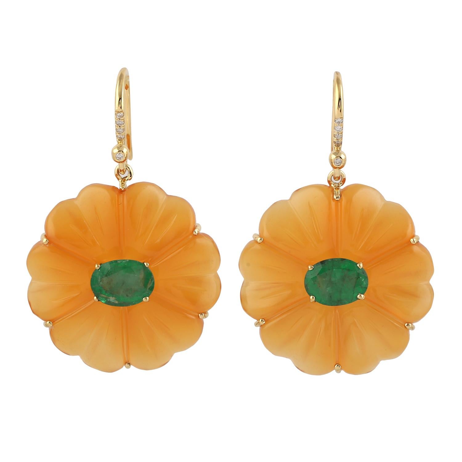 Modern Carved Onyx Emerald 18 Karat Gold Flower Diamond Earrings For Sale