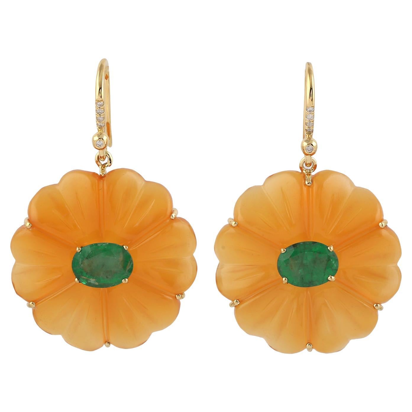 Carved Onyx Emerald 18 Karat Gold Flower Diamond Earrings For Sale