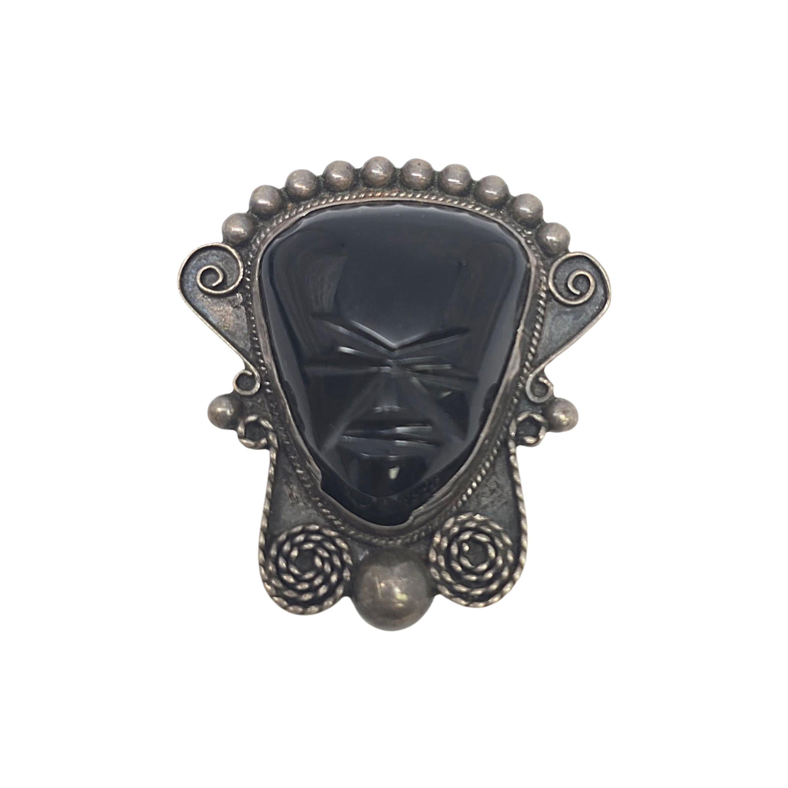 Onyx Gesicht geschnitzt Sterling Silber Mexiko Armband, Pin, ClipOn Ohrringe Set 22837 (Cabochon) im Angebot