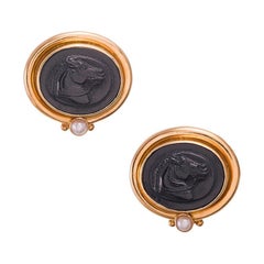 Vintage Carved Onyx Horse Portrait Earrings, signed Elizabeth Locke