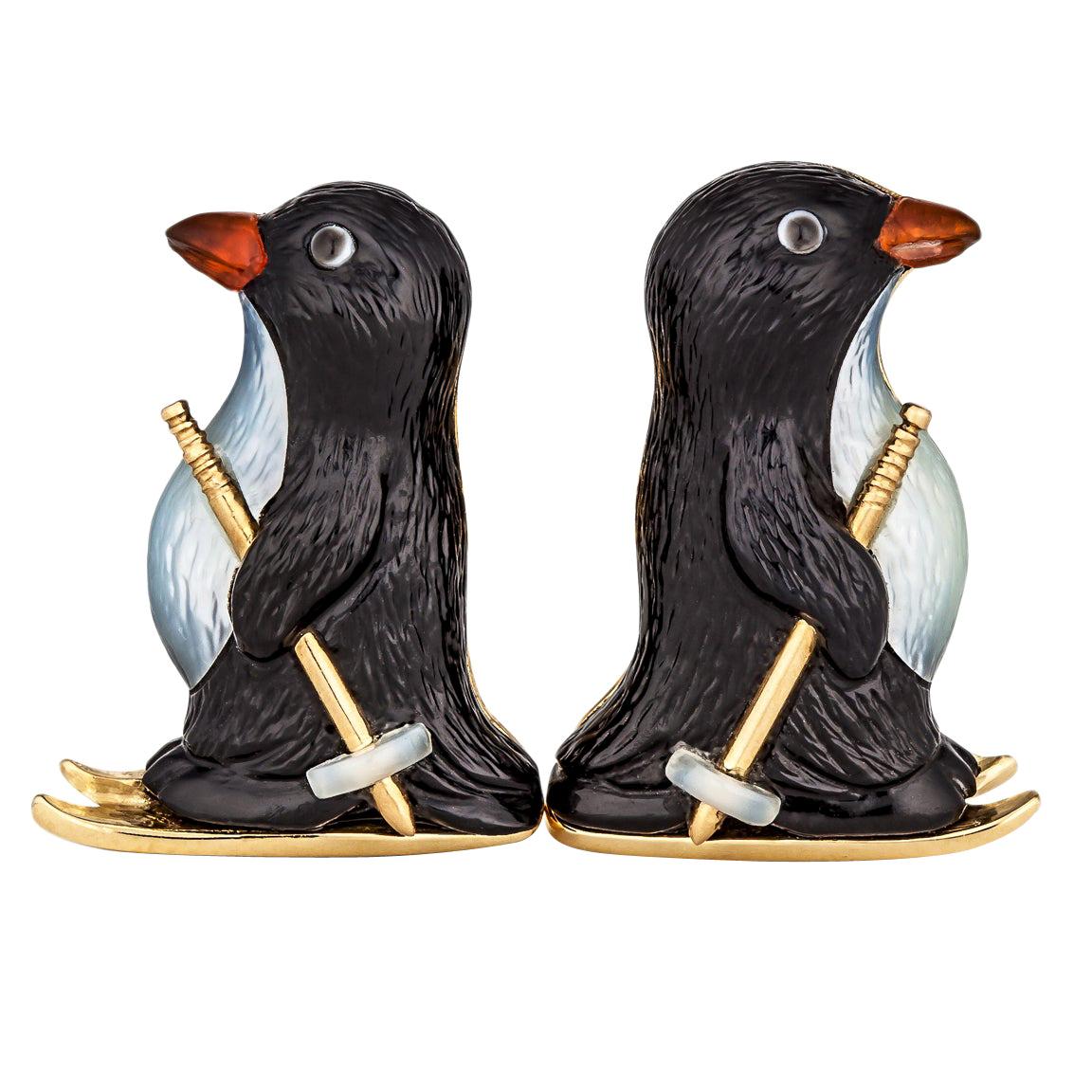 Carved Onyx, Mother of Pearl, Carnelian and Gold Skiing Penguin Cufflinks