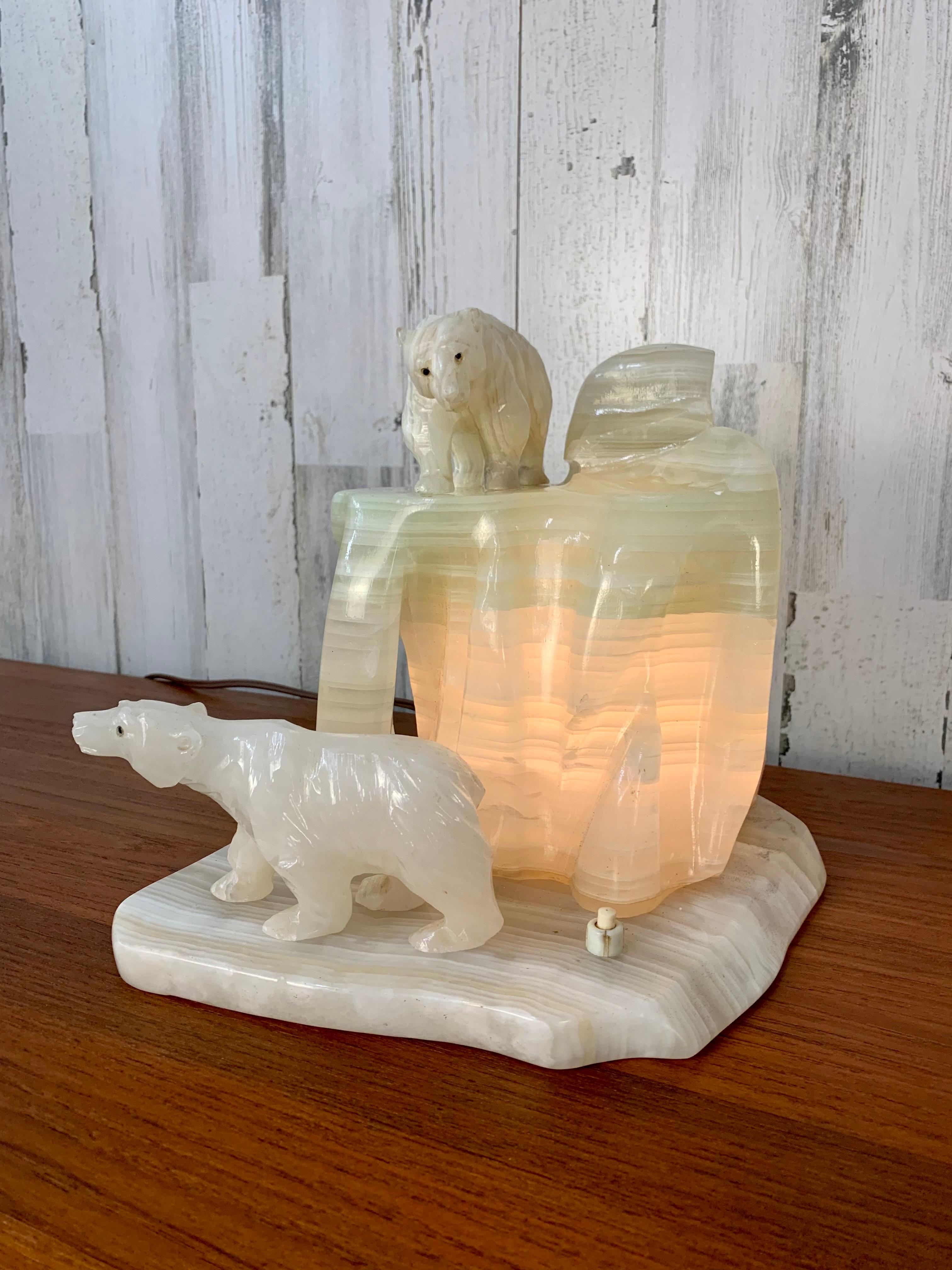 Carved Onyx Polar Bear Sculpture Lamp For Sale 4