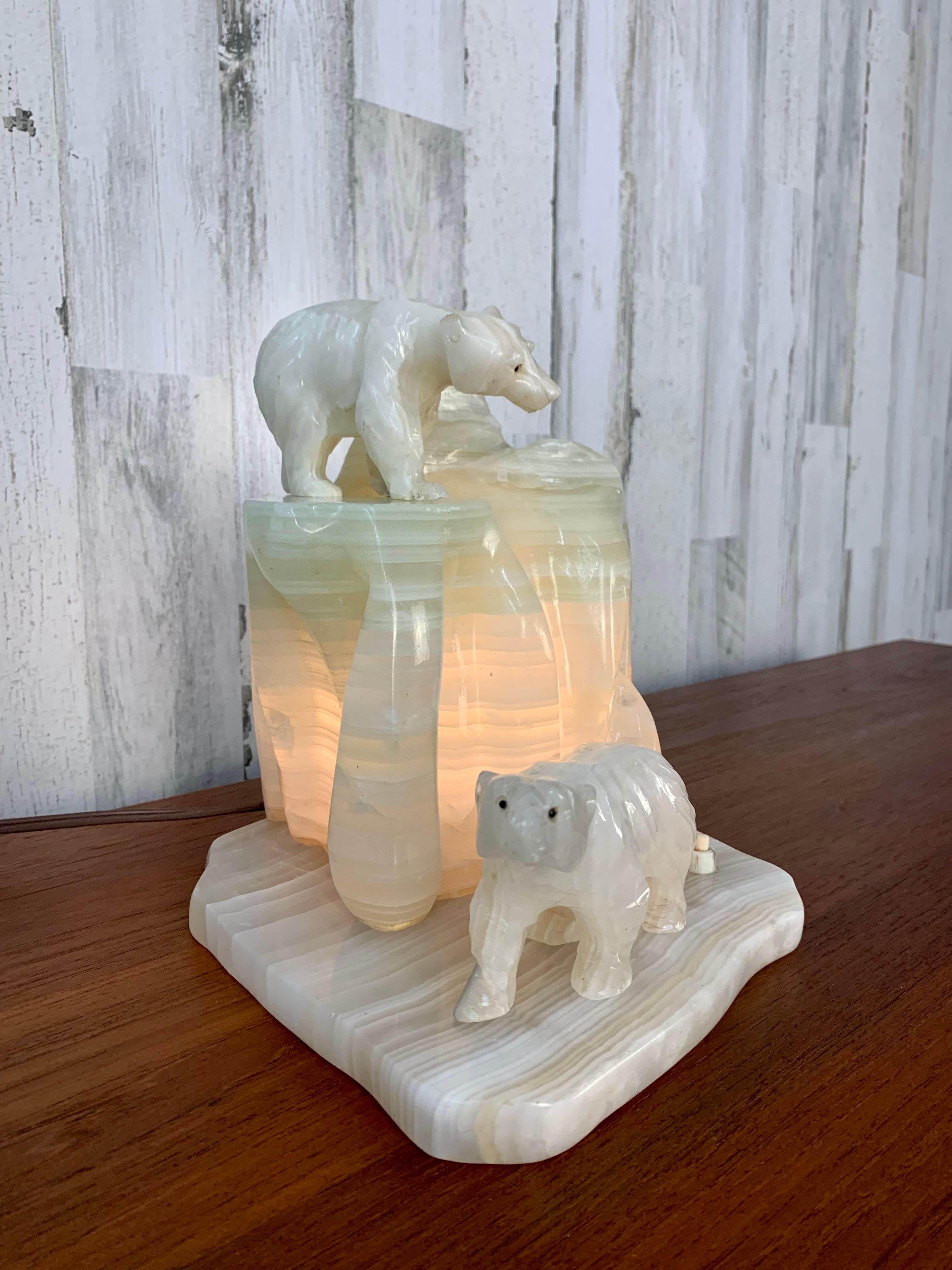 Carved Onyx Polar Bear Sculpture Lamp For Sale 6