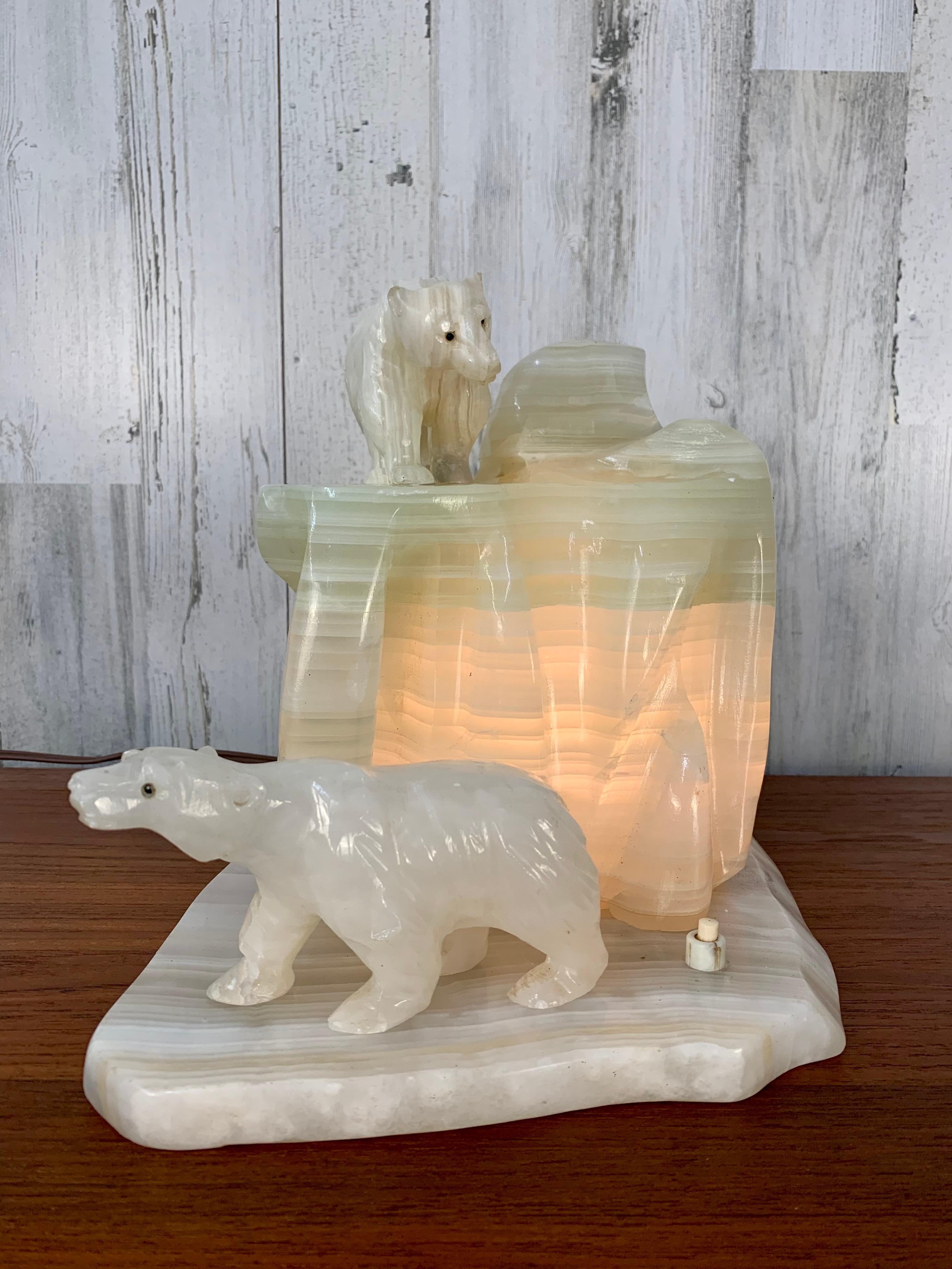 Carved Onyx Polar Bear Sculpture Lamp For Sale 7