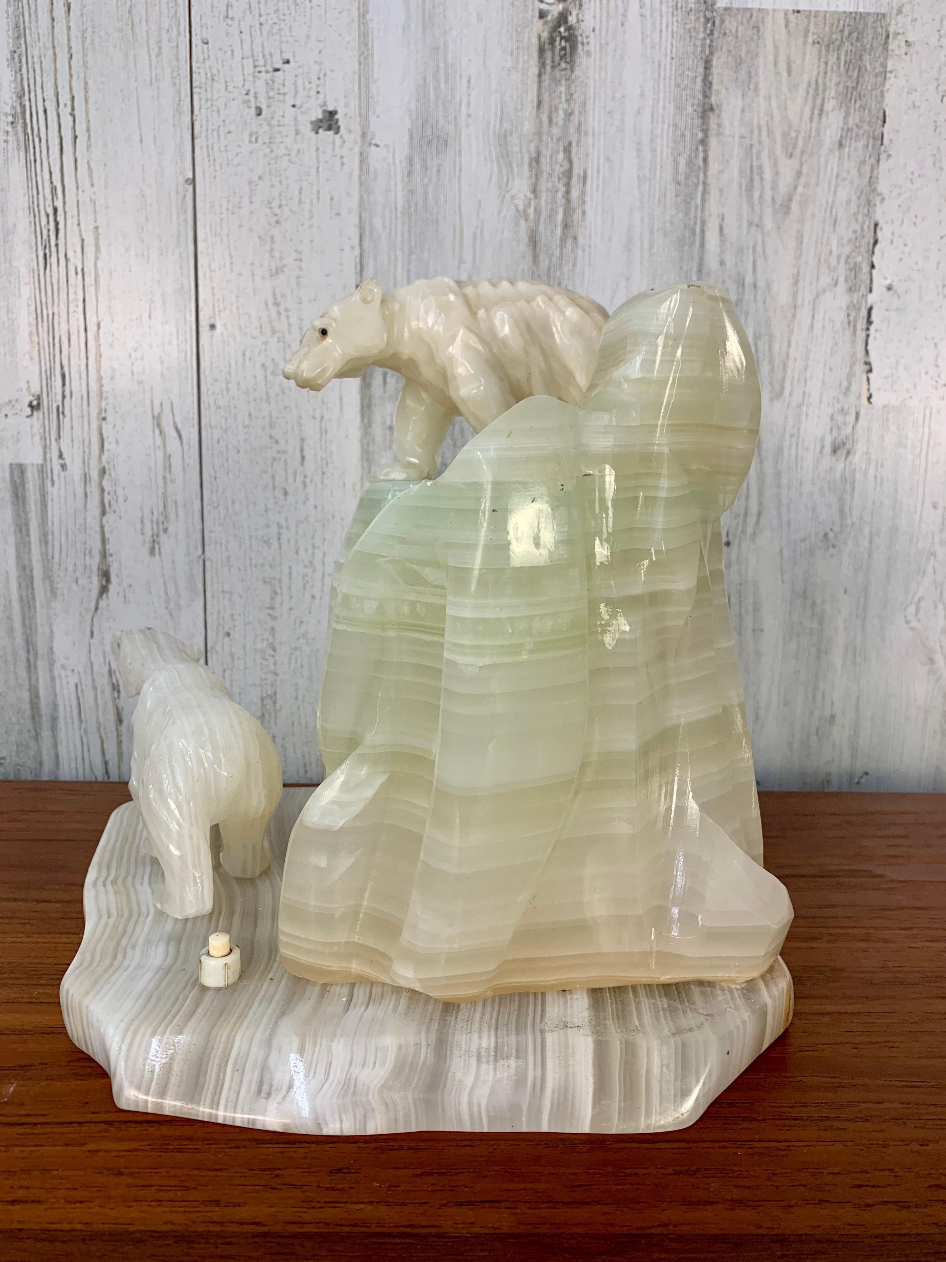 Carved Onyx Polar Bear Sculpture Lamp In Good Condition For Sale In Denton, TX
