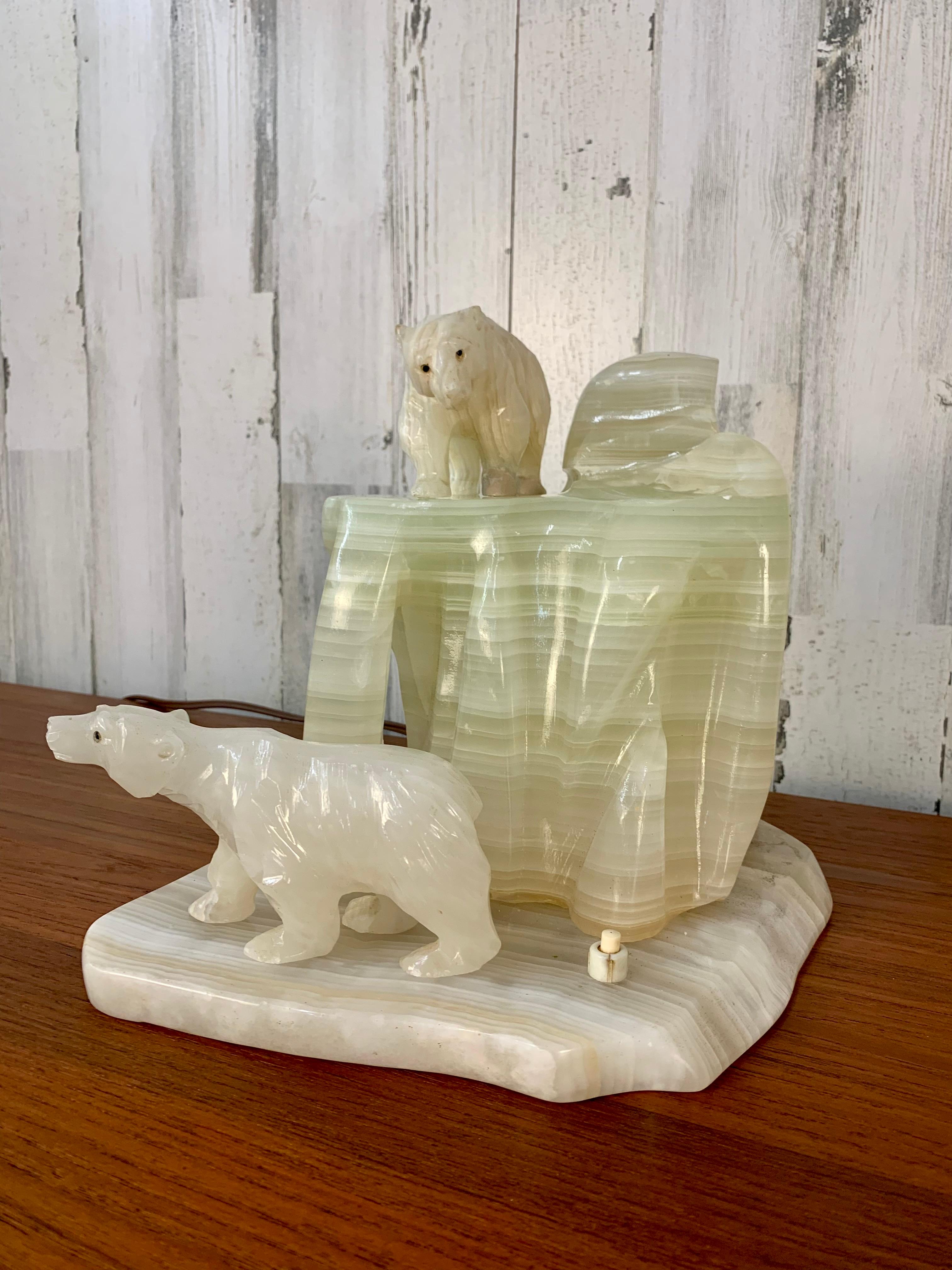 20th Century Carved Onyx Polar Bear Sculpture Lamp For Sale