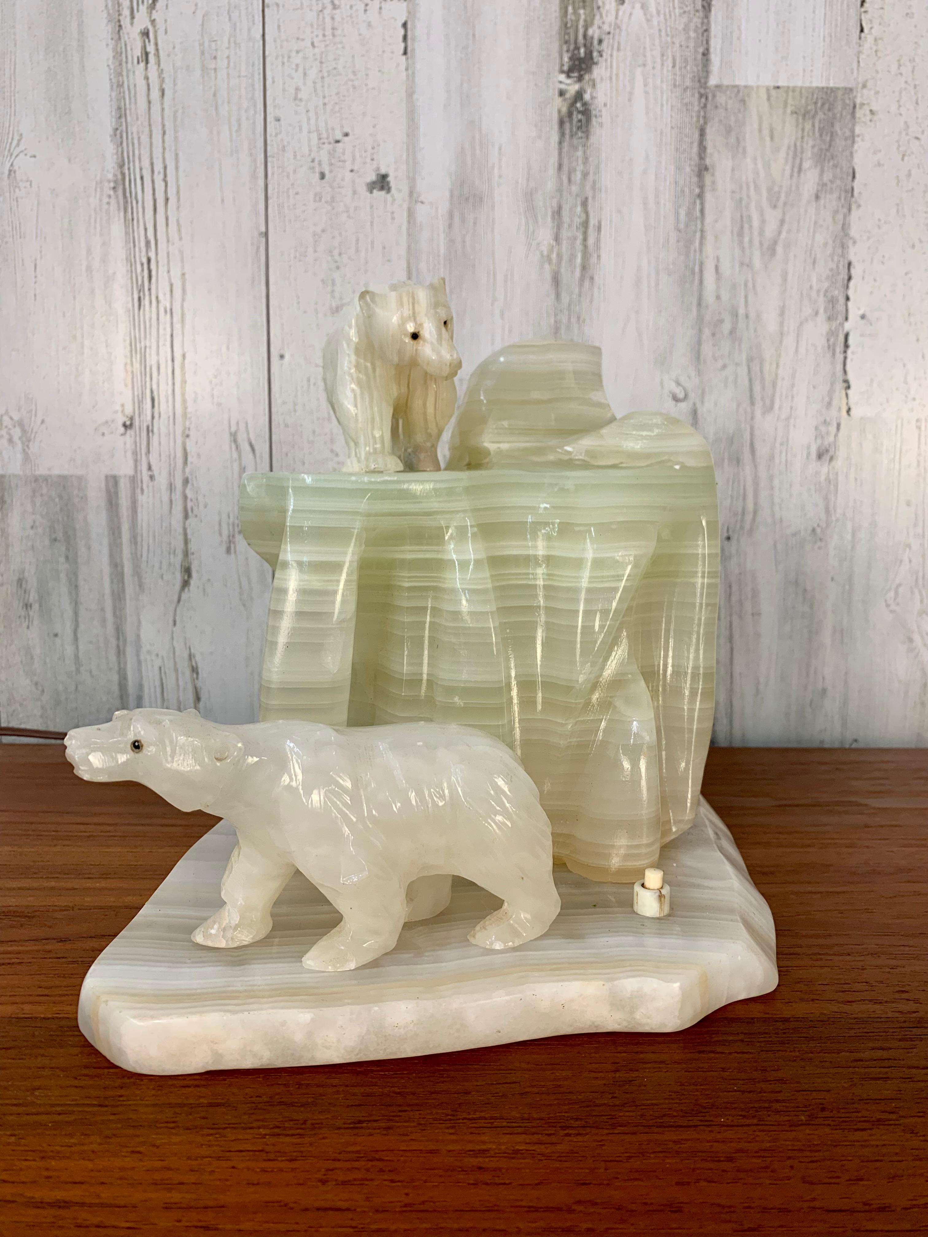 Carved Onyx Polar Bear Sculpture Lamp For Sale 1
