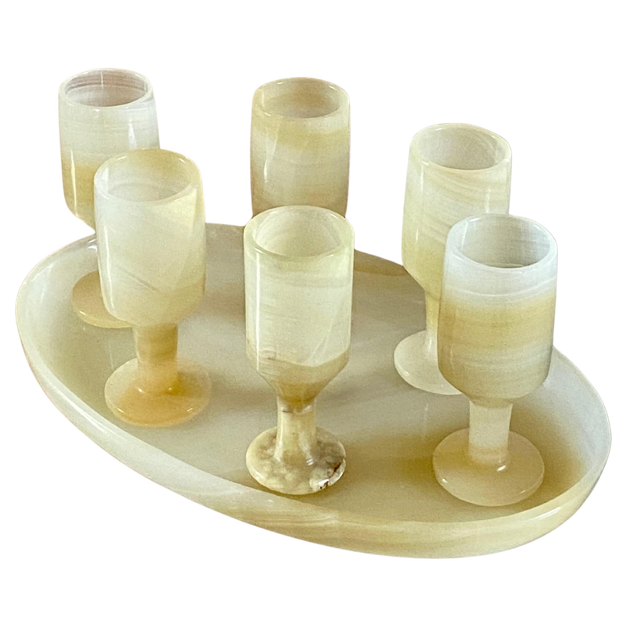 Carved Onyx Stemware + Tray, Set of 7 Pieces For Sale