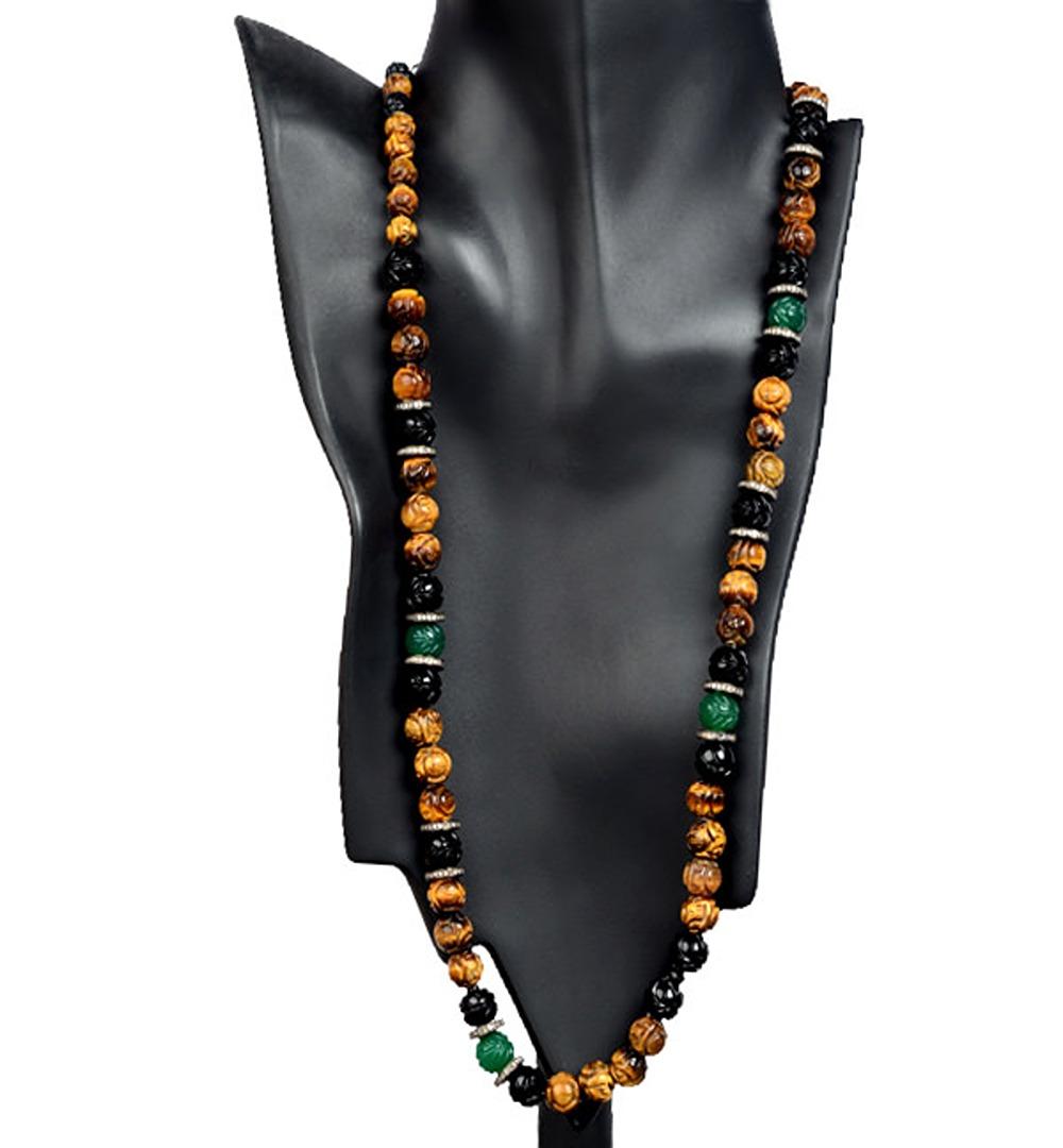 Art Nouveau Carved Onyx & Tiger Eye Ball Beaded Necklace with Diamonds Spacer For Sale