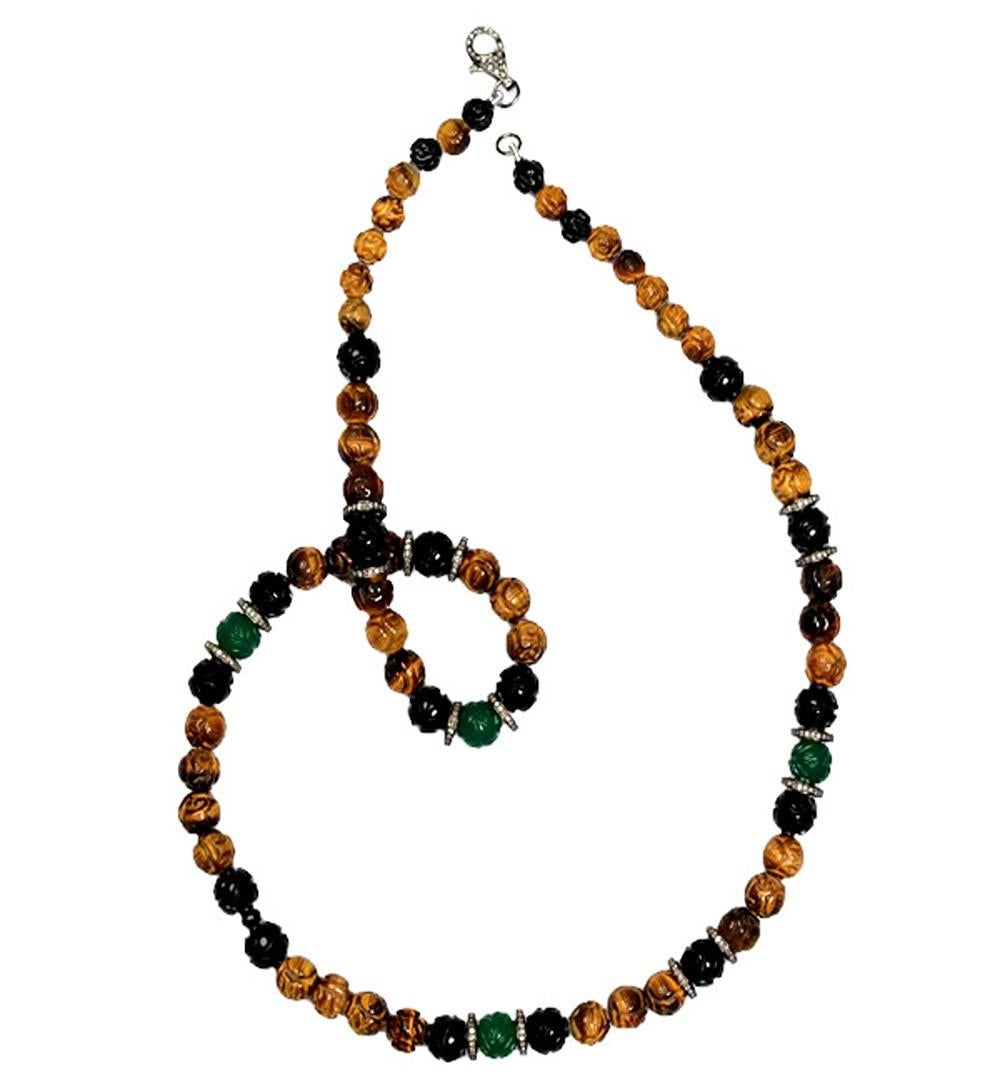 Mixed Cut Carved Onyx & Tiger Eye Ball Beaded Necklace with Diamonds Spacer For Sale