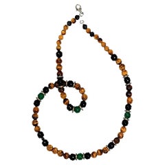 Carved Onyx & Tiger Eye Ball Beaded Necklace with Diamonds Spacer