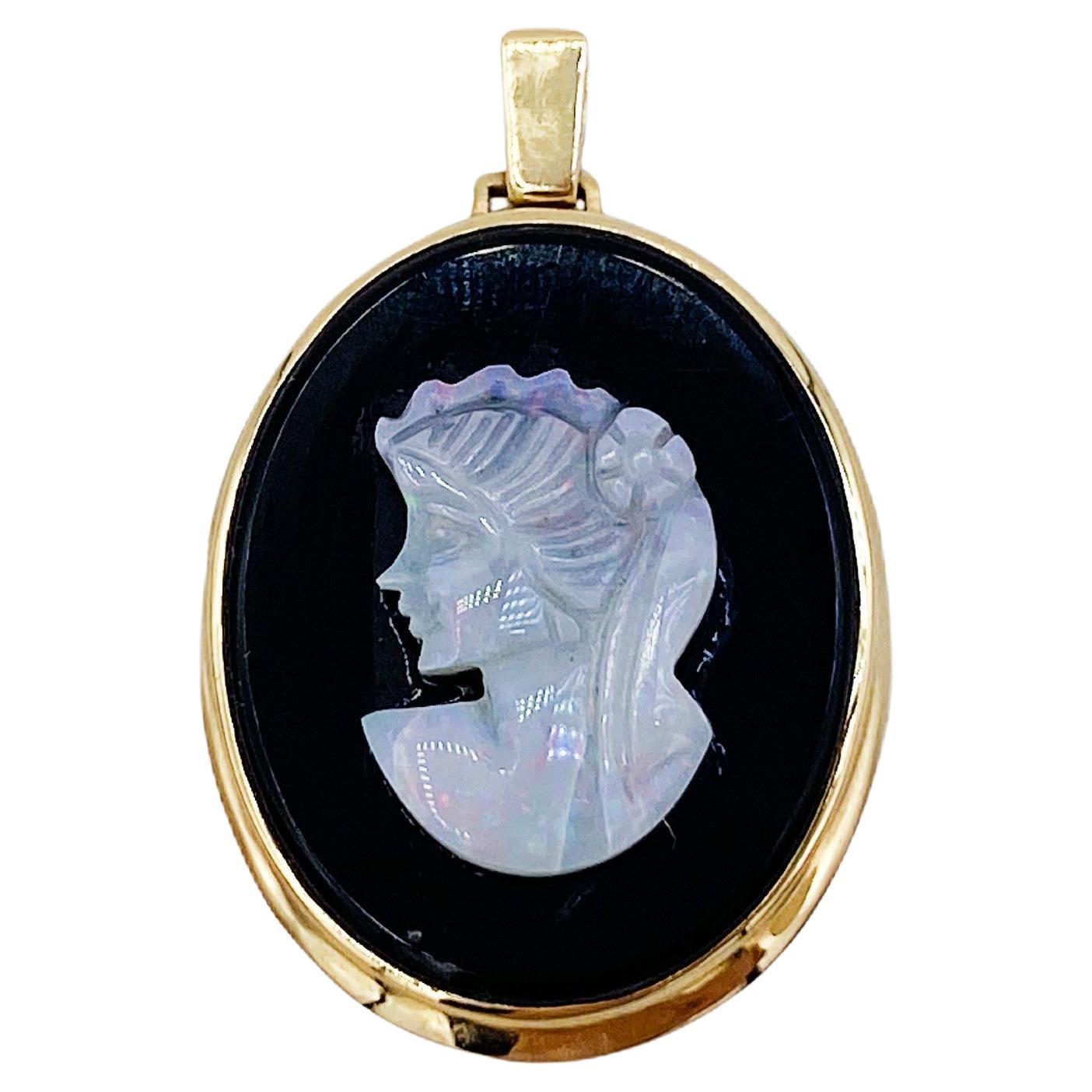 Carved Opal and Onyx 14K Yellow Gold Vintage Cameo Pendant Circa 1960s For Sale