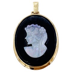 Carved Opal and Onyx 14K Yellow Gold Vintage Cameo Pendant Circa 1960s
